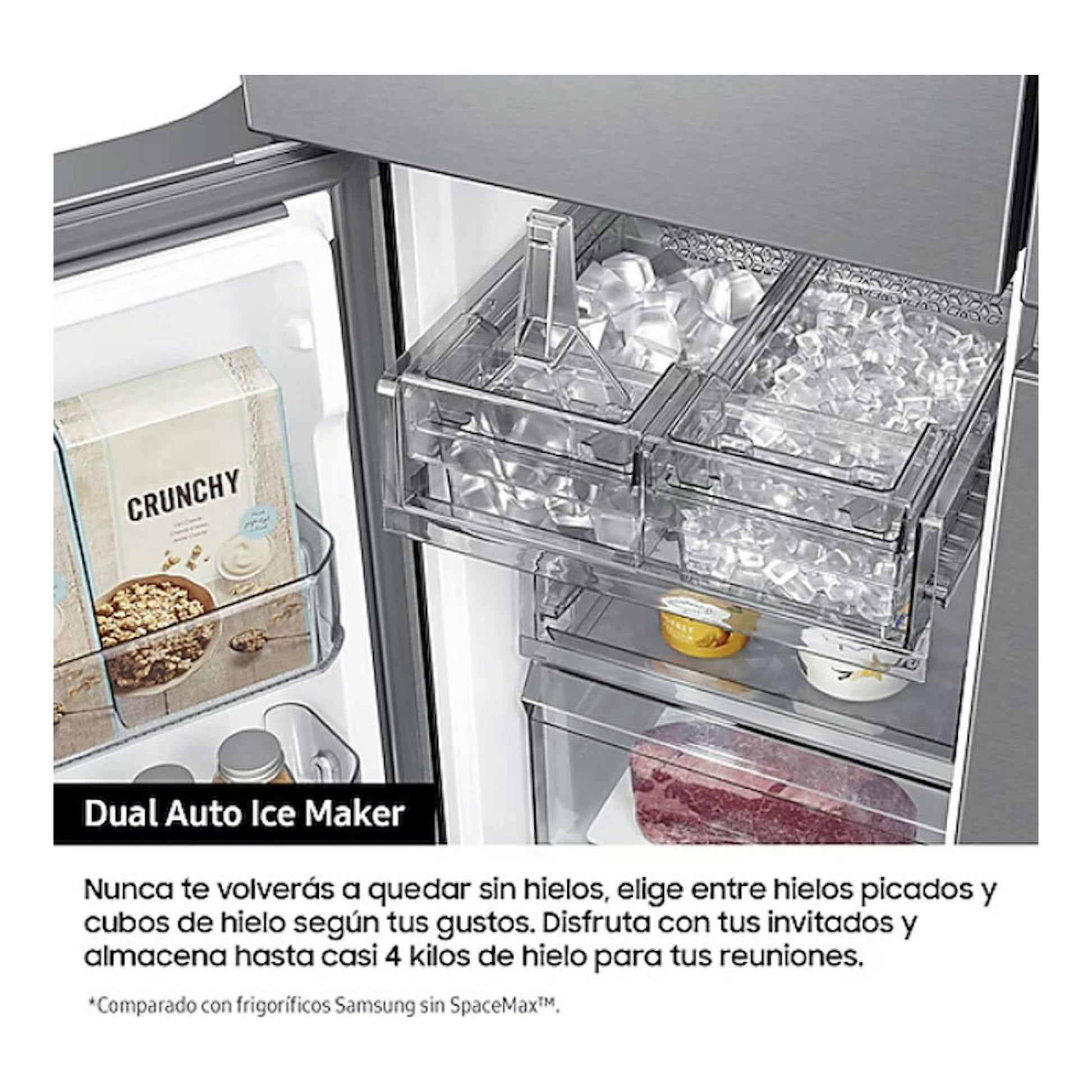 Vista interior frontal del frigorífico americano Samsung RF65DG960ESREF inox, con cubiteras de hielo.
