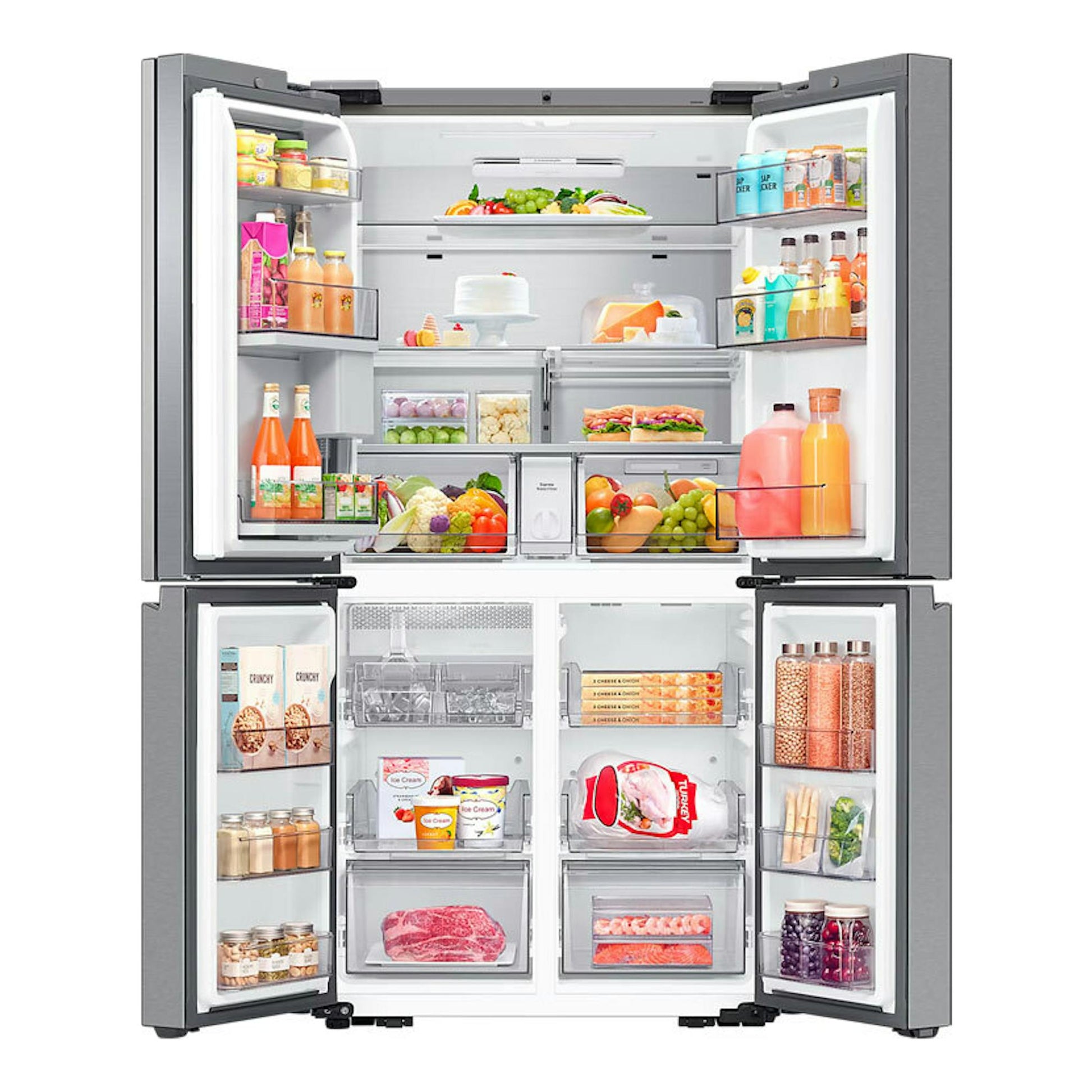 Samsung RF65DG9H0ESREF inox, frigorífico americano abierto, vista frontal, con alimentos en ambos compartimentos.