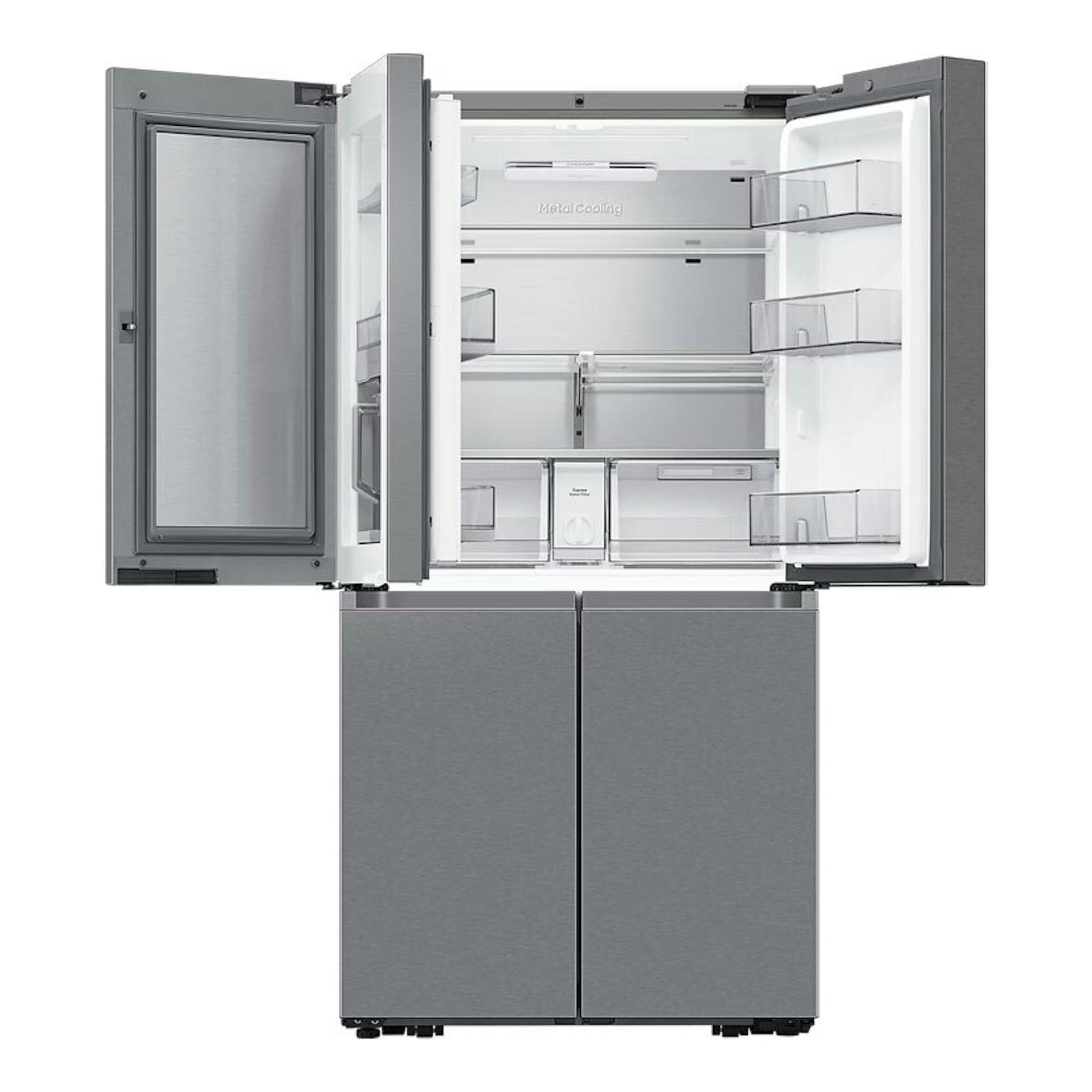 Frigorífico americano Samsung RF65DG9H0ESREF inox, vista frontal con puertas abiertas e interior visible.