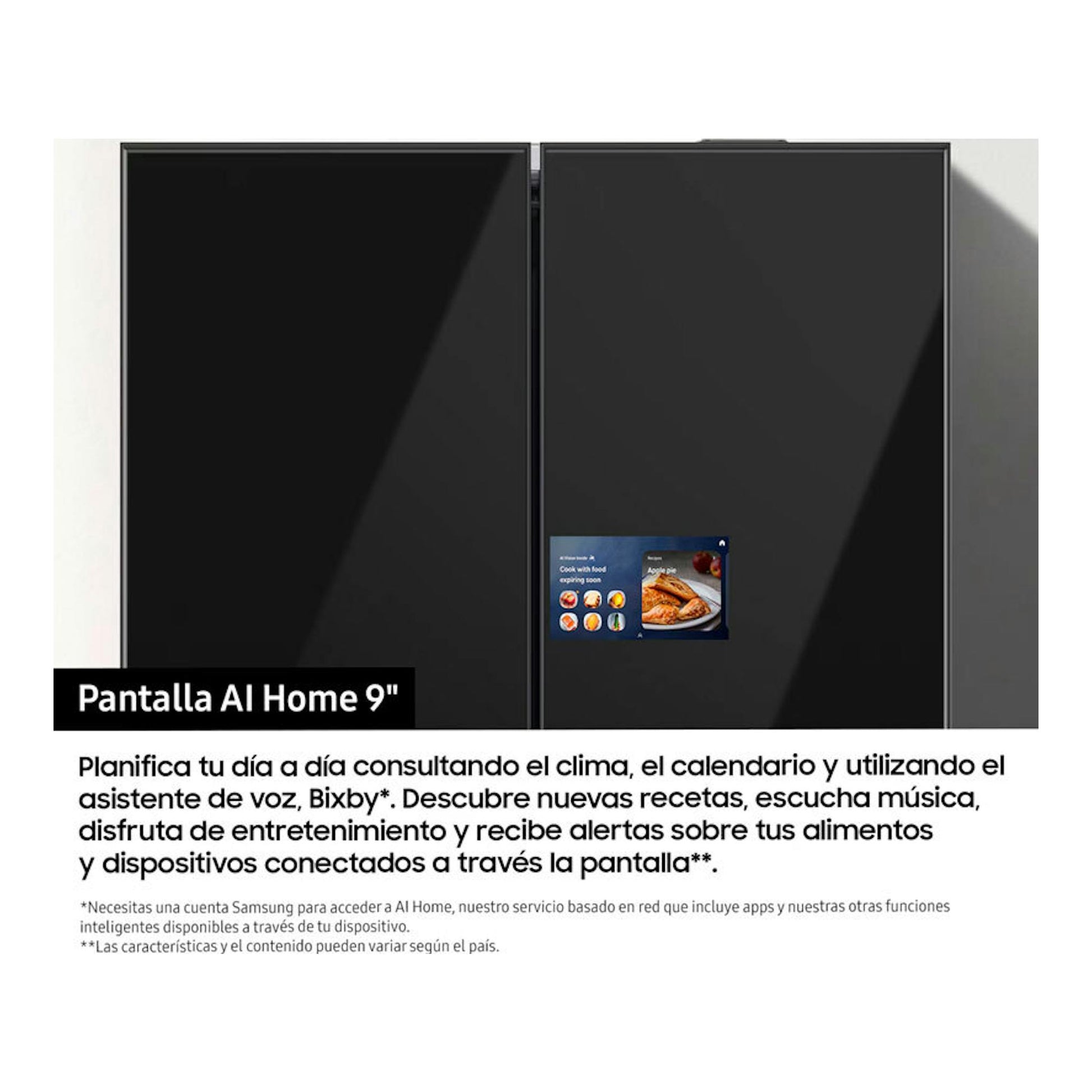 Frigorífico americano Samsung RM90F67CECEF negro, vista frontal, con pantalla AI Home de 9 pulgadas.