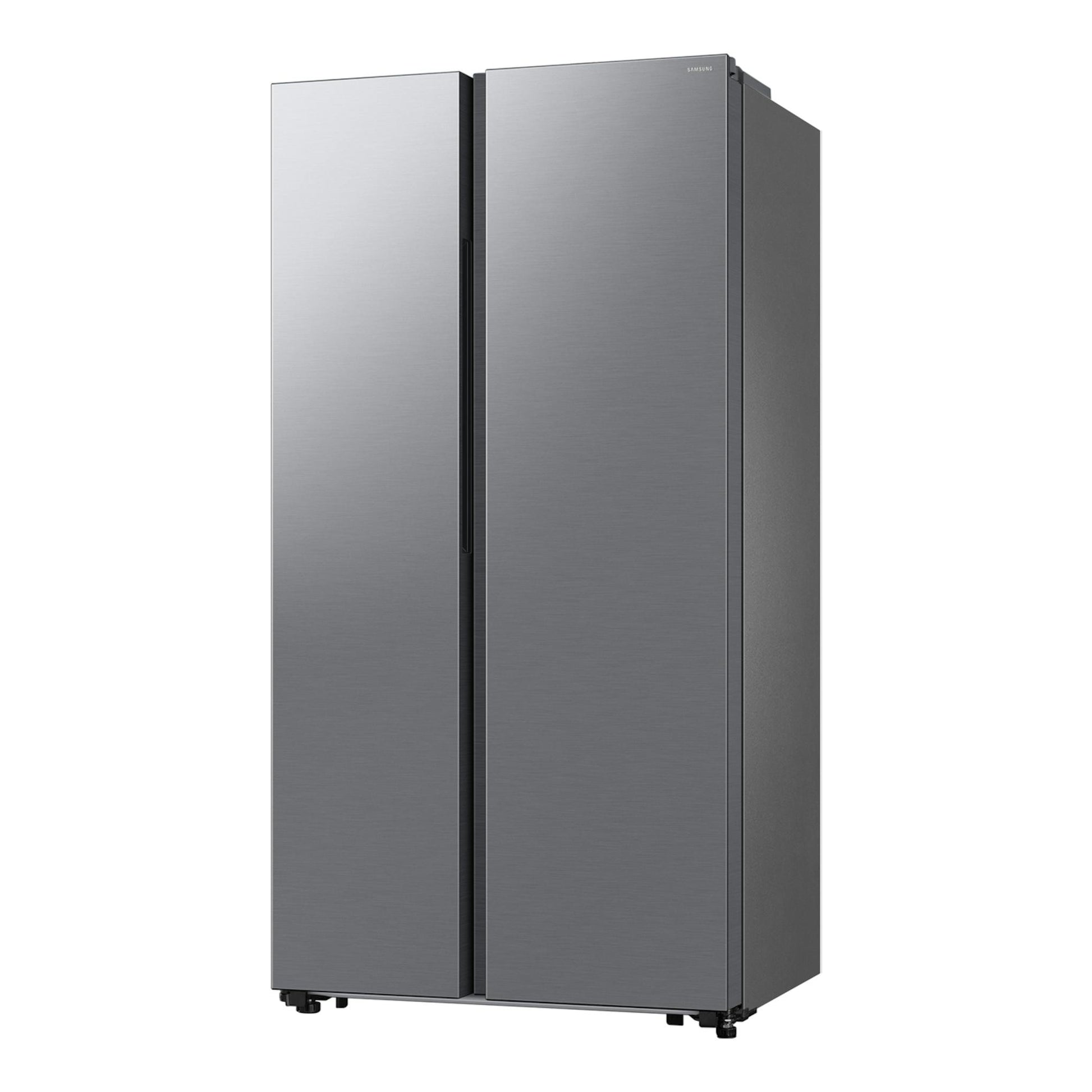 Frigorífico americano Samsung RS57DG400EM9EF, acero inoxidable, vista frontal en ángulo de dos puertas.