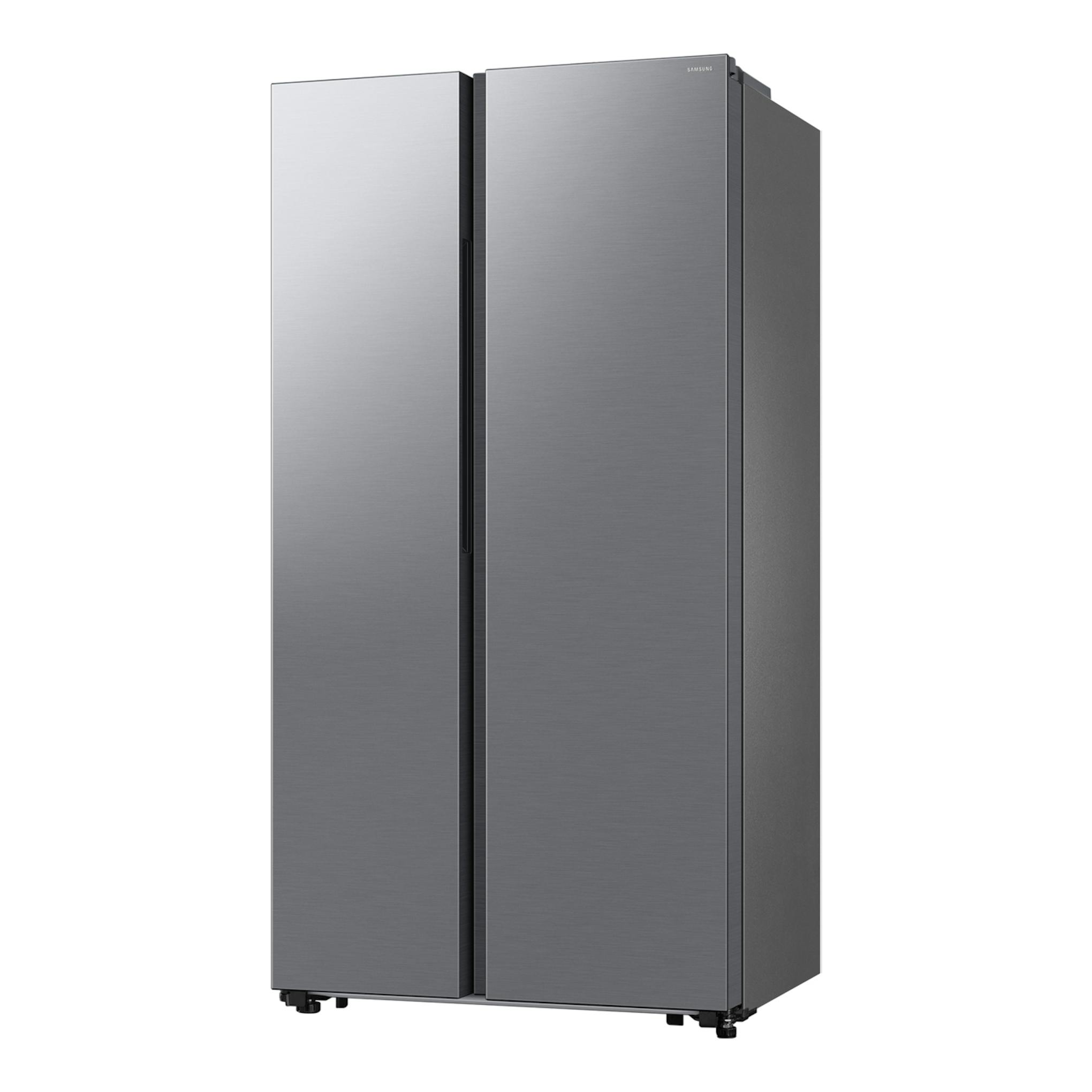 Frigorífico americano Samsung RS57DG400EM9EF, acero inoxidable, vista frontal en ángulo de dos puertas.