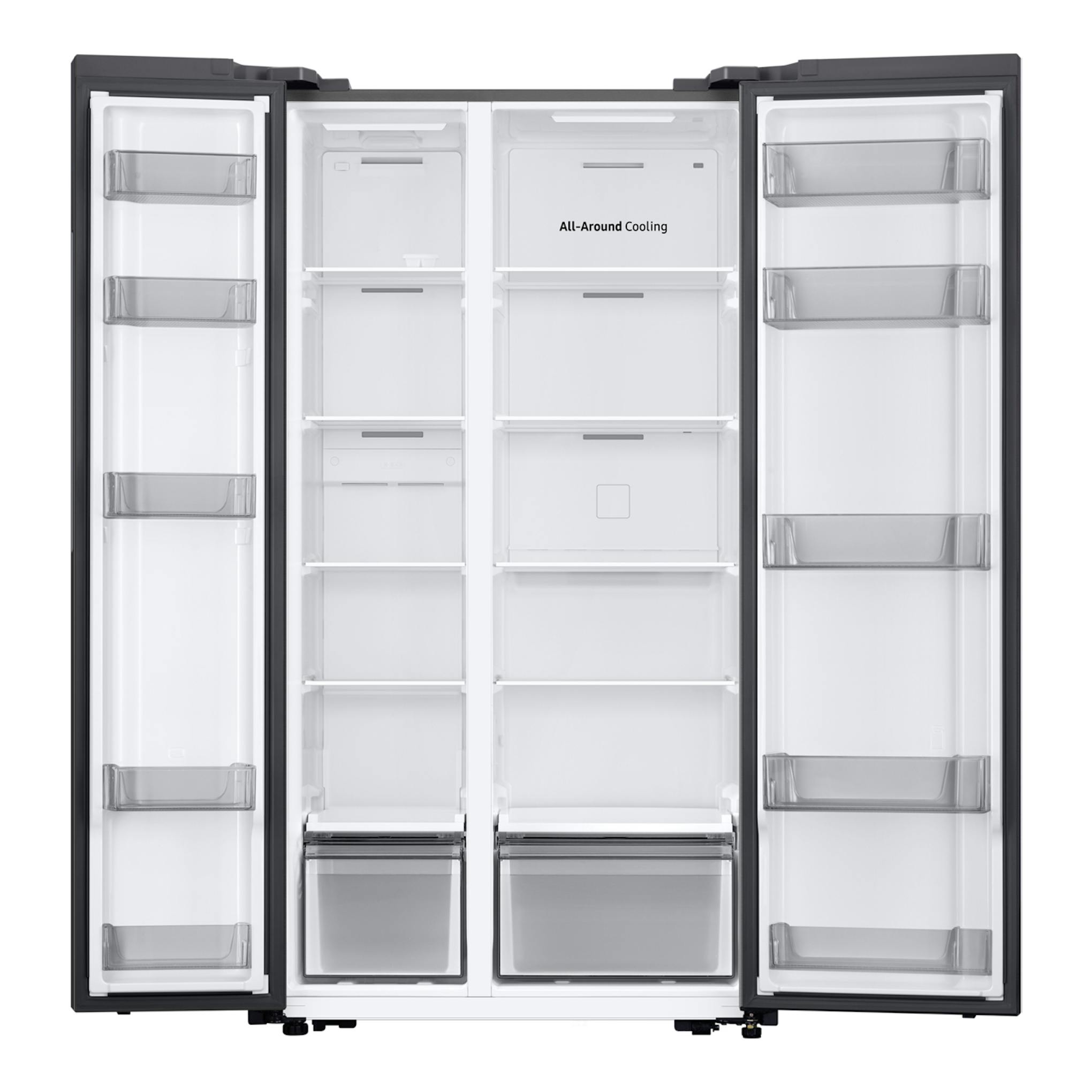 Frigorífico americano Samsung RS57DG400EM9EF, vista frontal abierto, puertas gris oscuro e interior blanco con cajones.