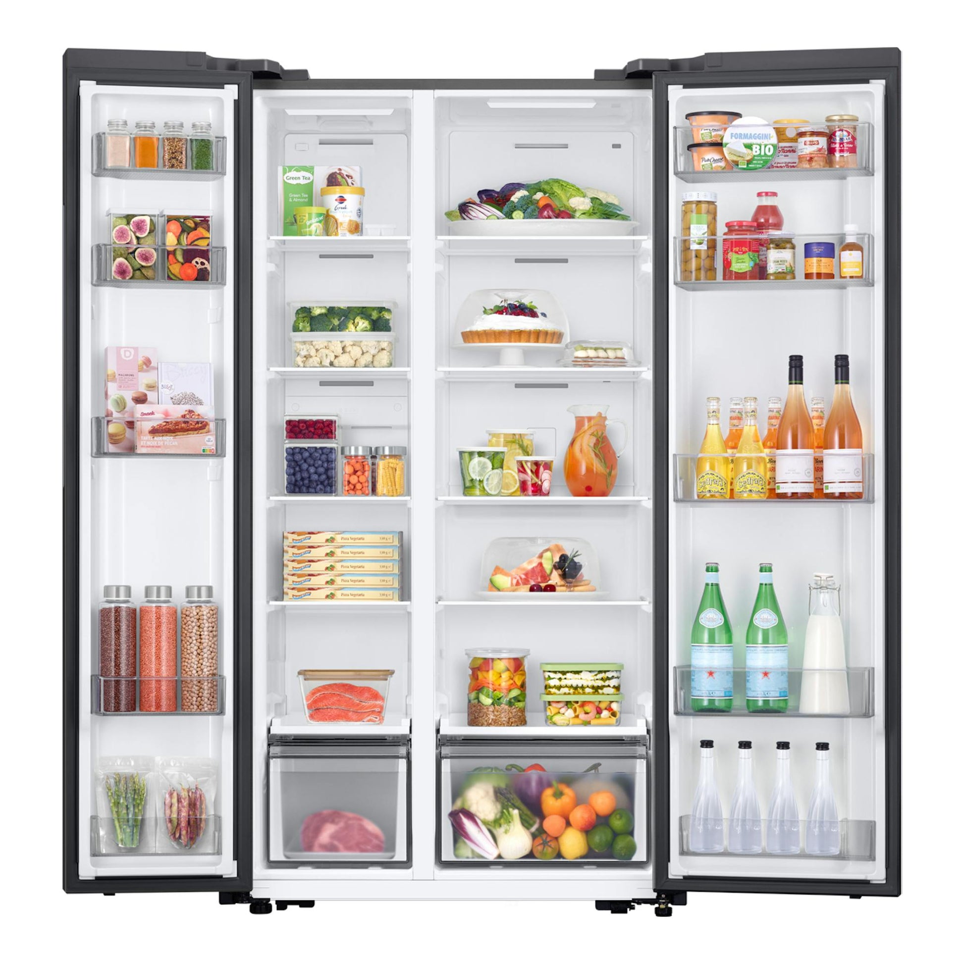 Frigorífico americano Samsung RS57DG400EM9EF negro, puertas abiertas, interior blanco con estantes y cajones.