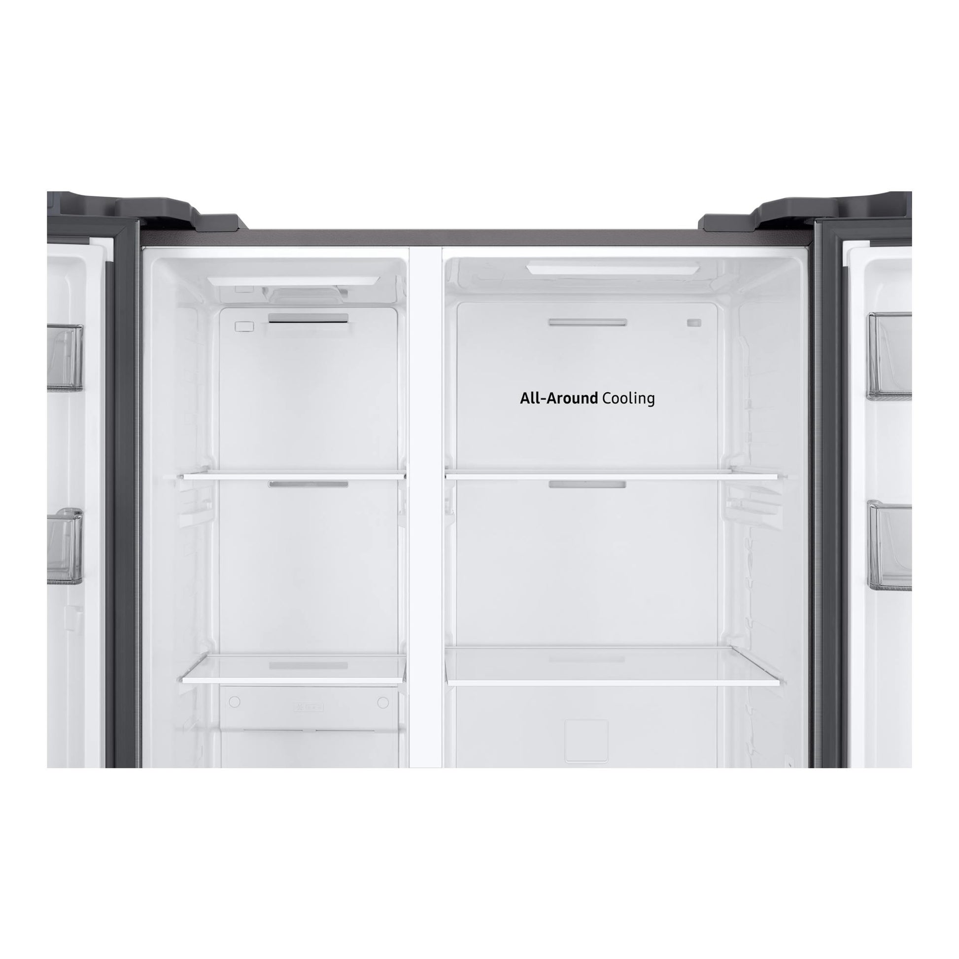 Samsung RS57DG400EM9EF, frigorífico americano abierto en vista frontal, interior blanco con estantes de cristal.