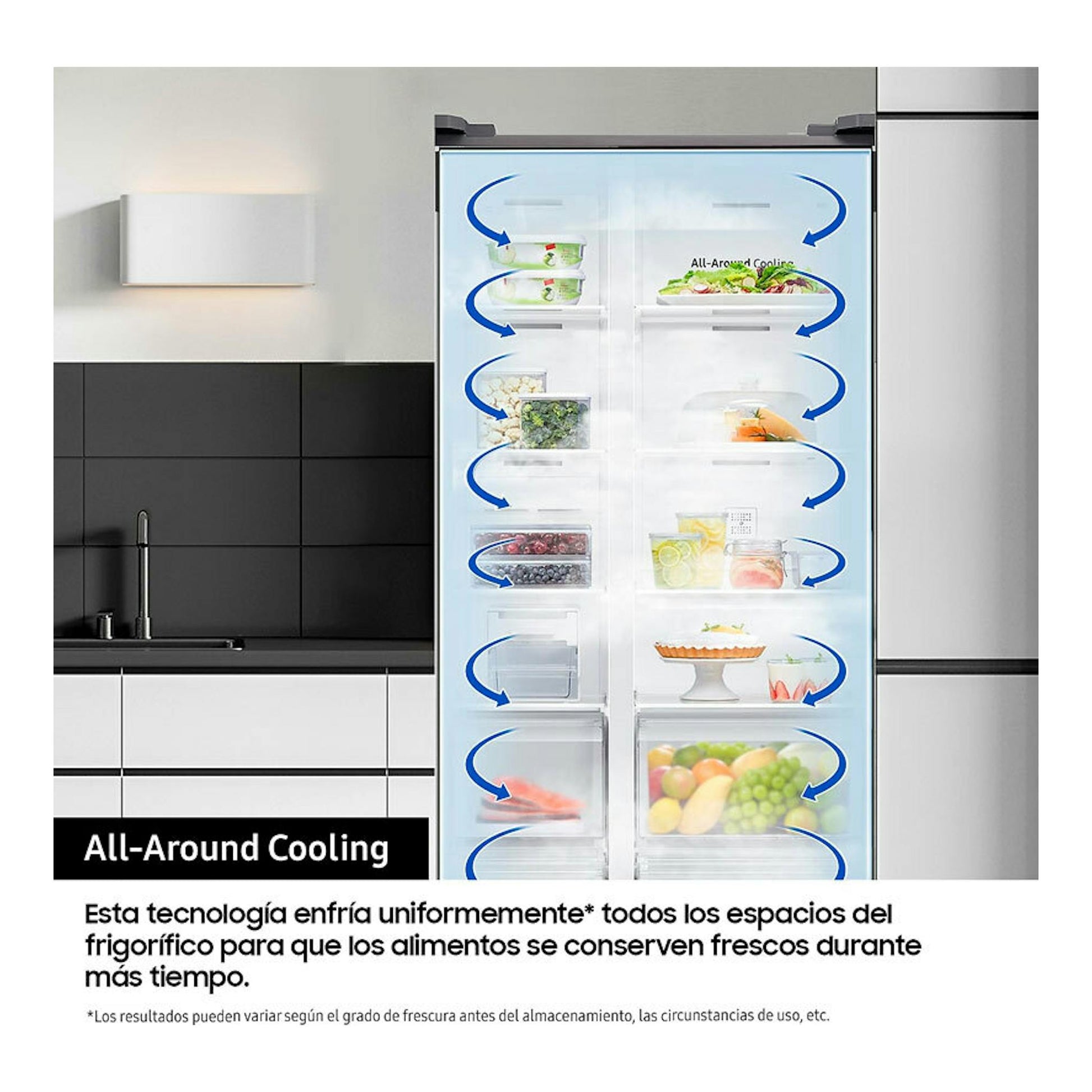 Frigorífico americano Samsung RS70F64KETEF inox, vista frontal con interior ilustrado y flechas azules.