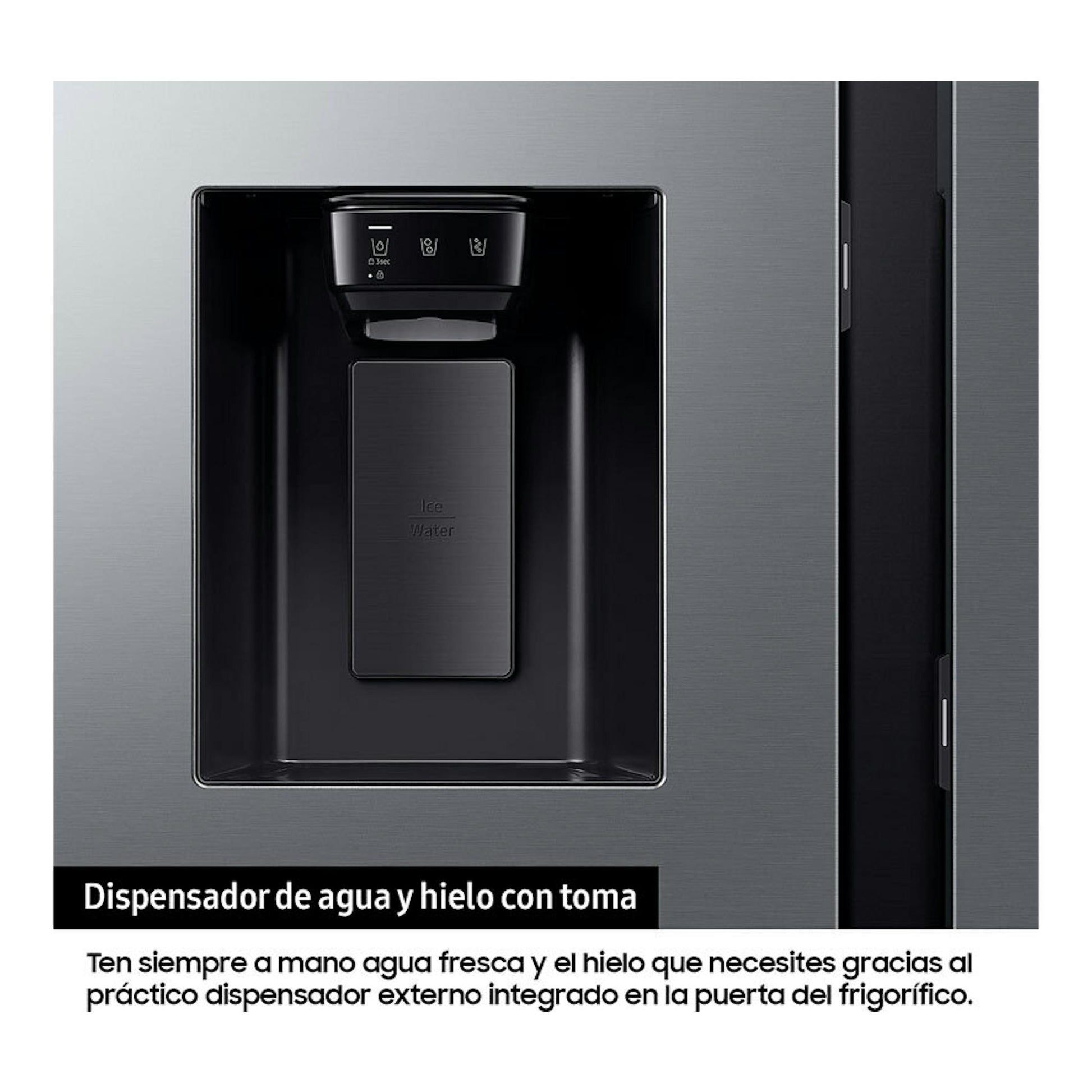 Samsung RS70F64KETEF en acero inoxidable, primer plano del dispensador de agua y hielo en la puerta.