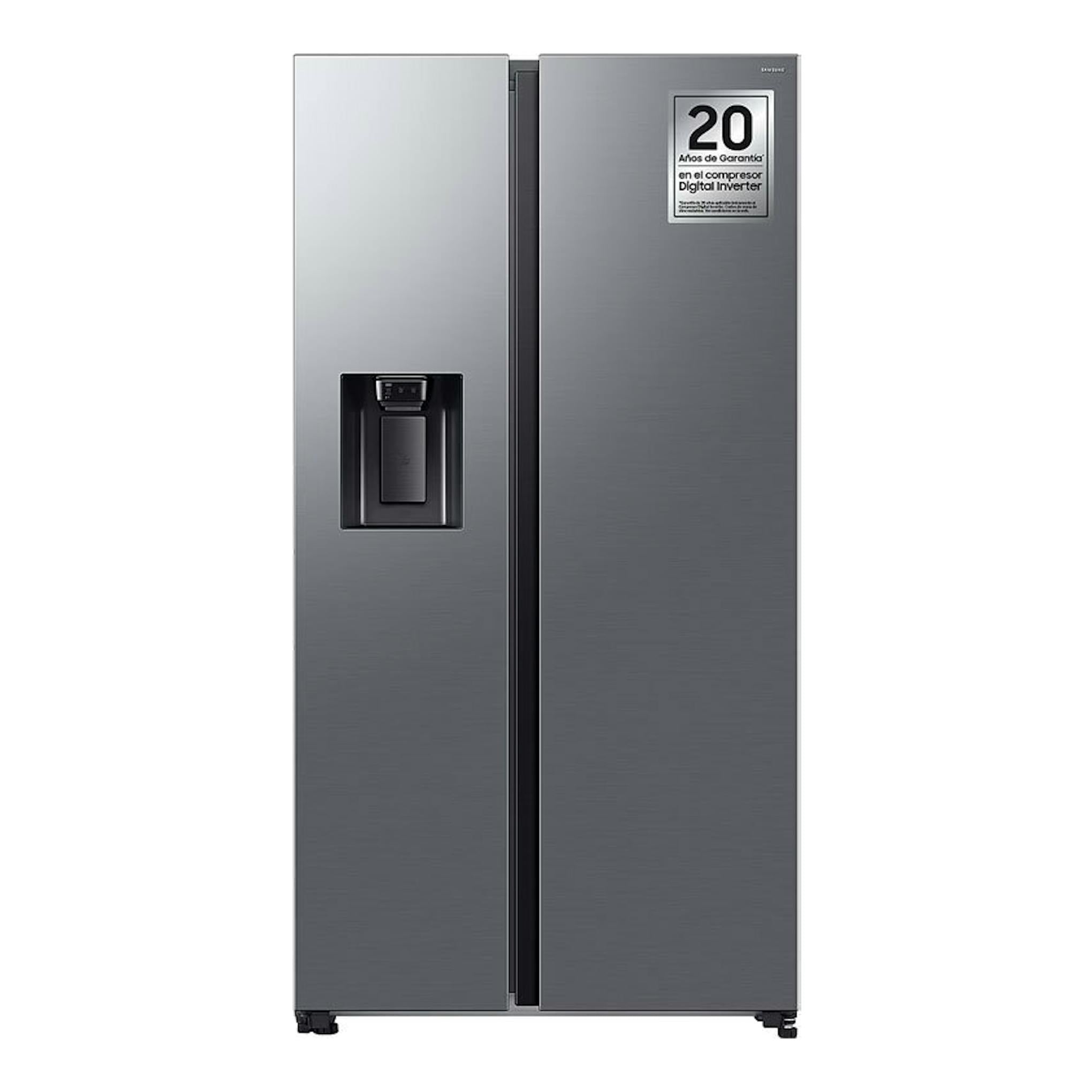 Frigorífico americano Samsung RS70F65KETEF inox, vista frontal, dos puertas y dispensador de agua.