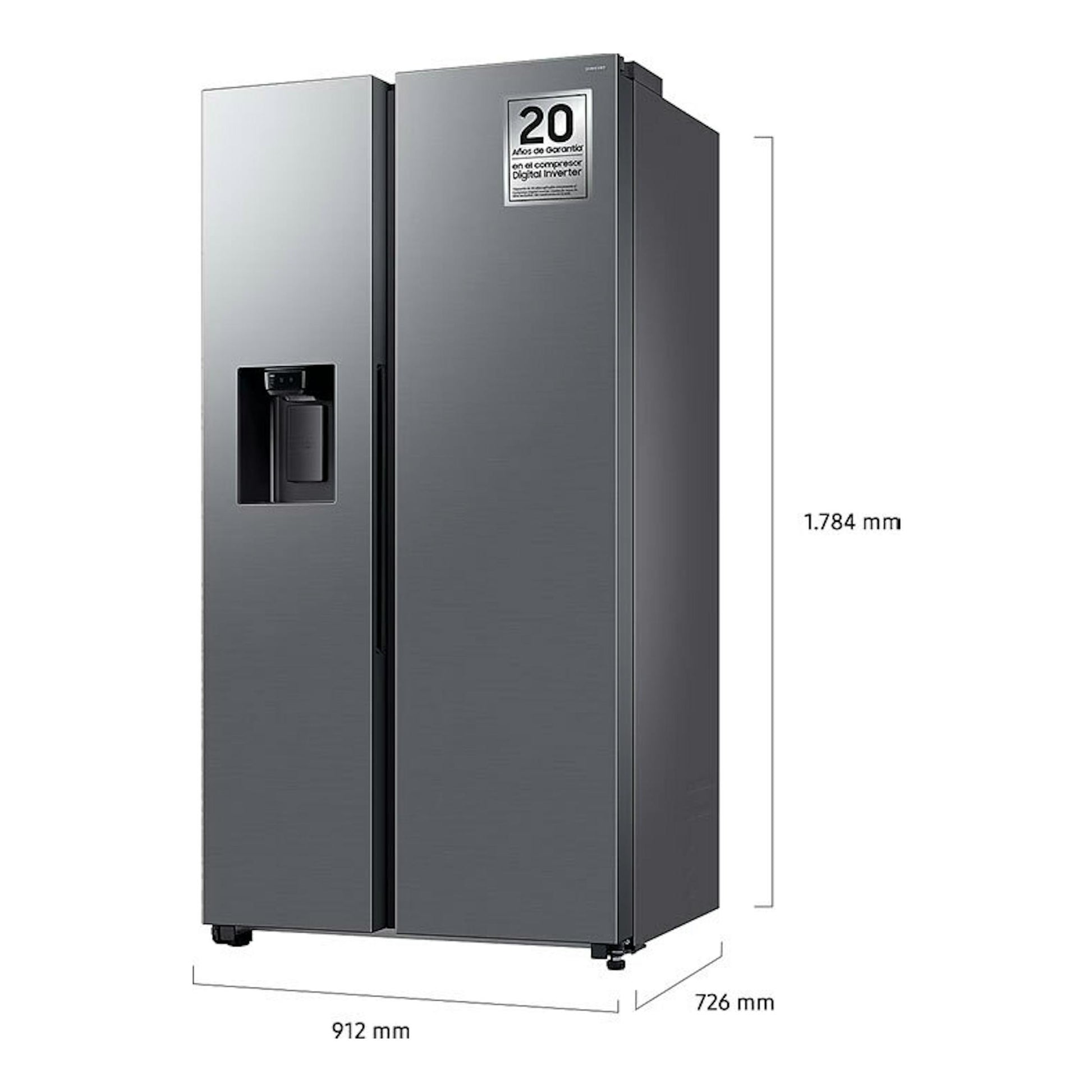 Frigorífico americano Samsung RS70F65KETEF inox, vista frontal en tres cuartos, con dispensador.