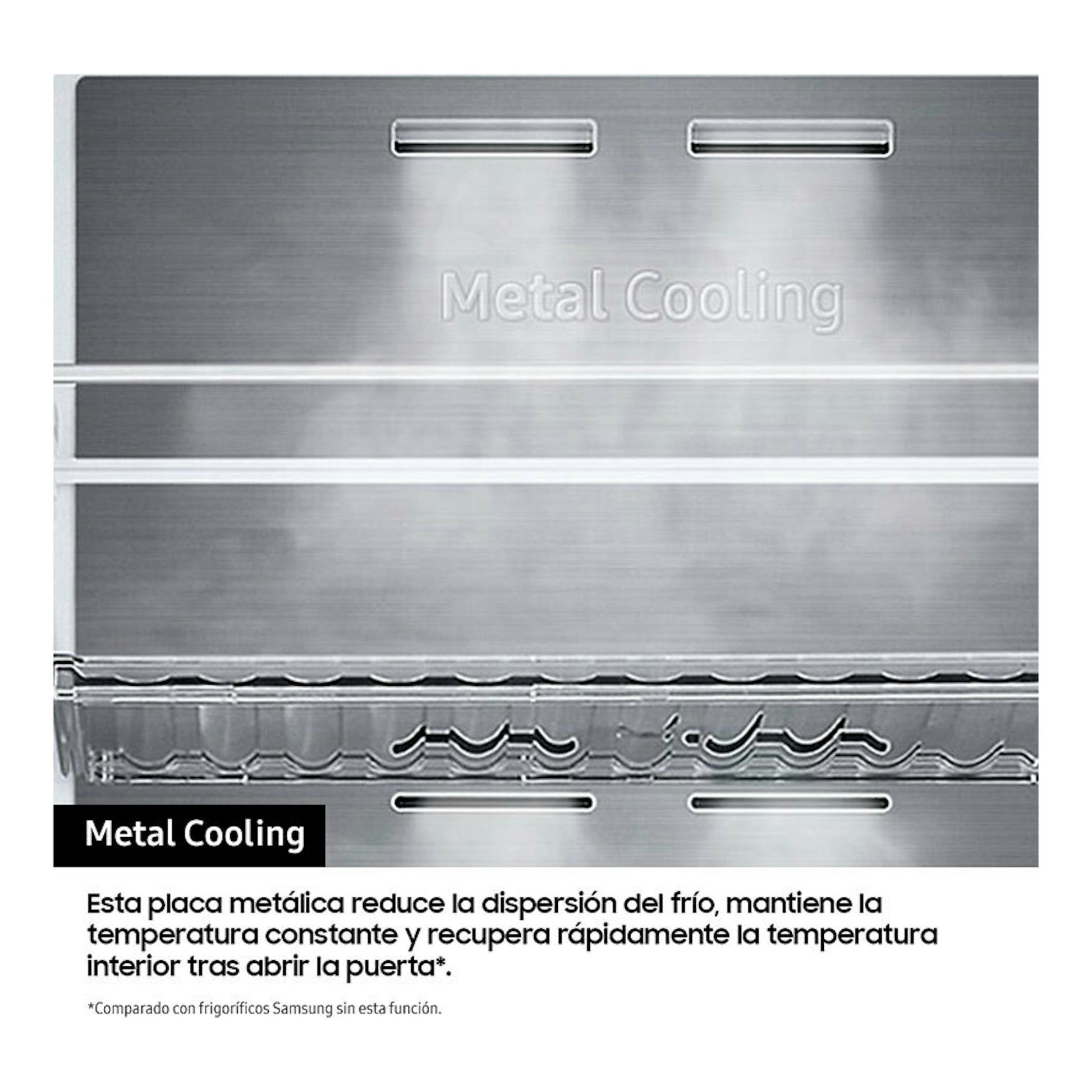 Frigorífico americano Samsung RS70F65KETEF inox, detalle frontal de panel Metal Cooling en acero.