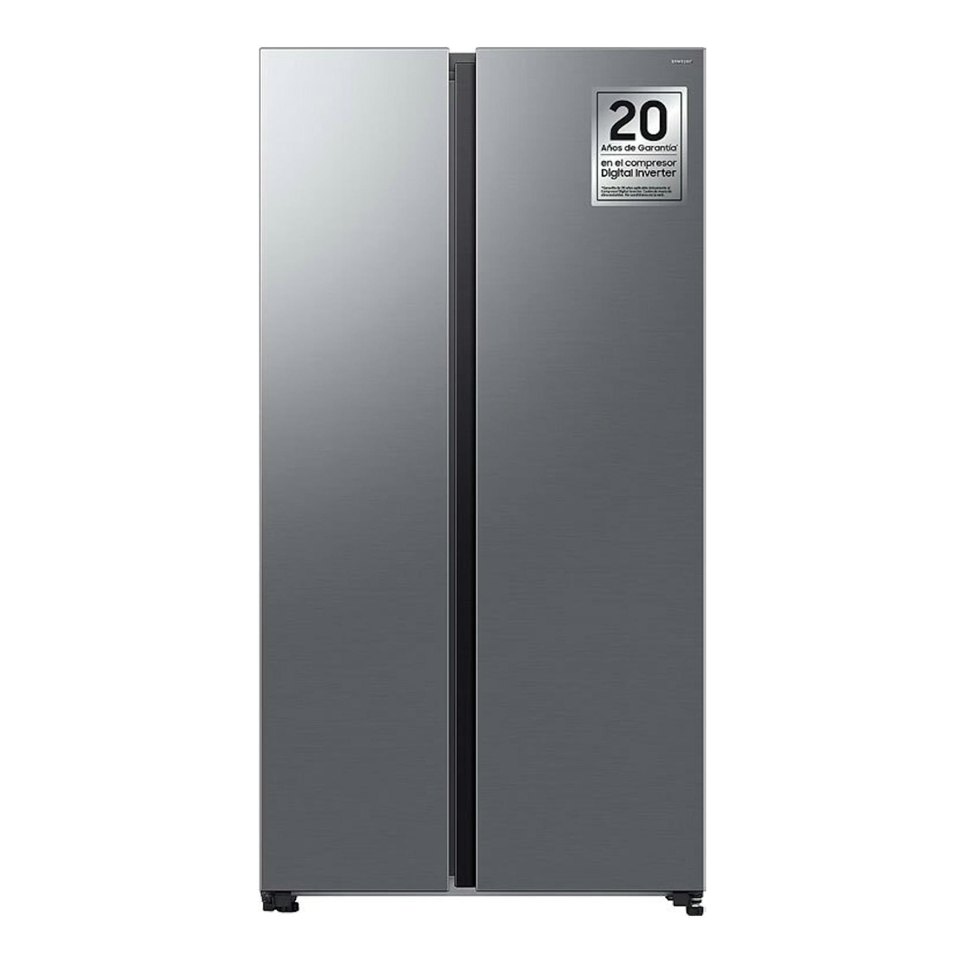 Frigorífico americano Samsung RS70F65QETEF inox, vista frontal, dos puertas con acabado metálico.