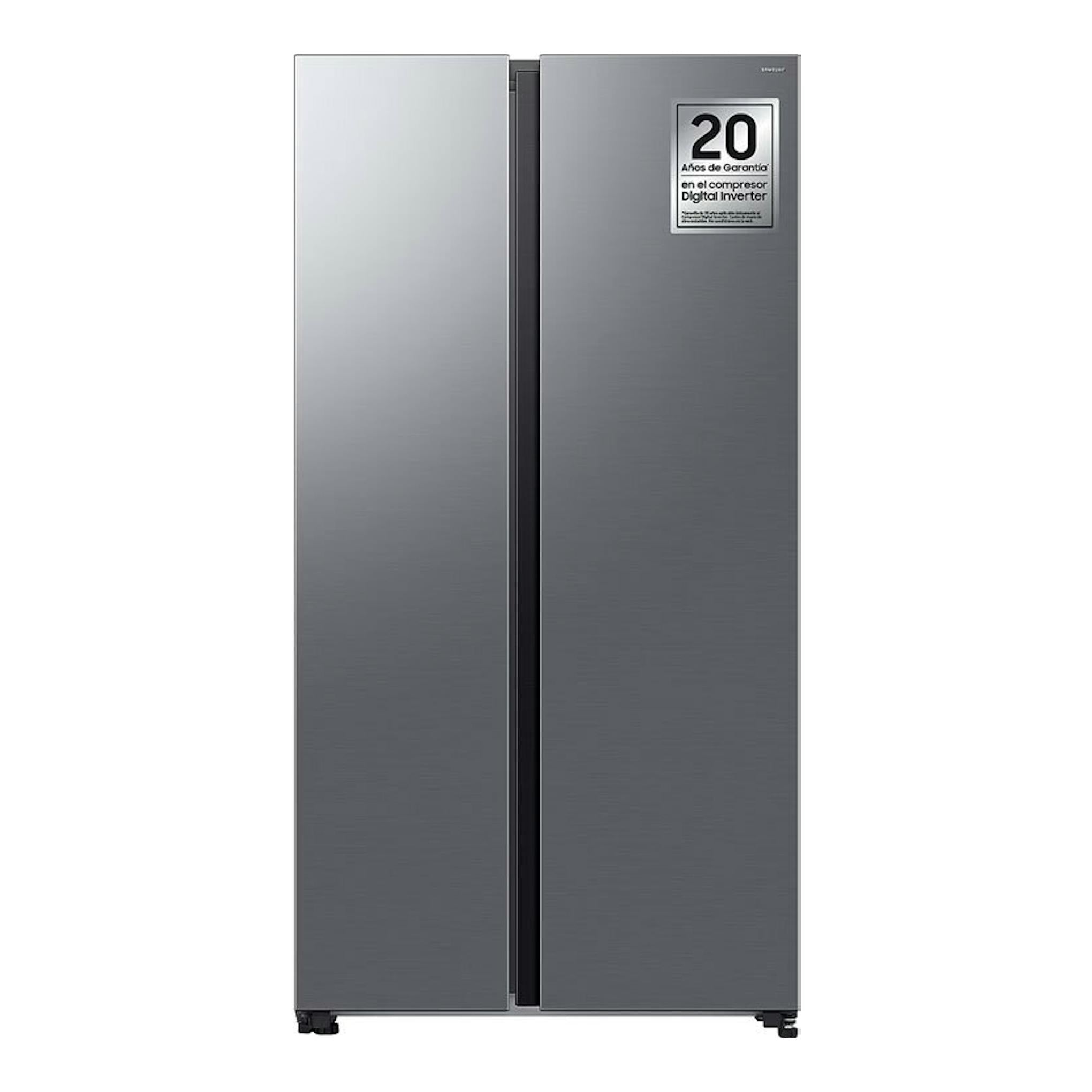 Frigorífico americano Samsung RS70F65QETEF inox, vista frontal, dos puertas con acabado metálico.
