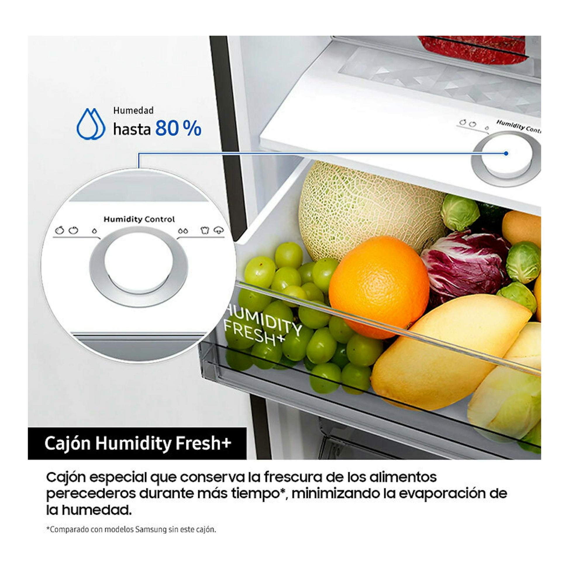 Samsung RS70F65QETEF, cajón Humidity Fresh+ de frigorífico americano con frutas y control de humedad.