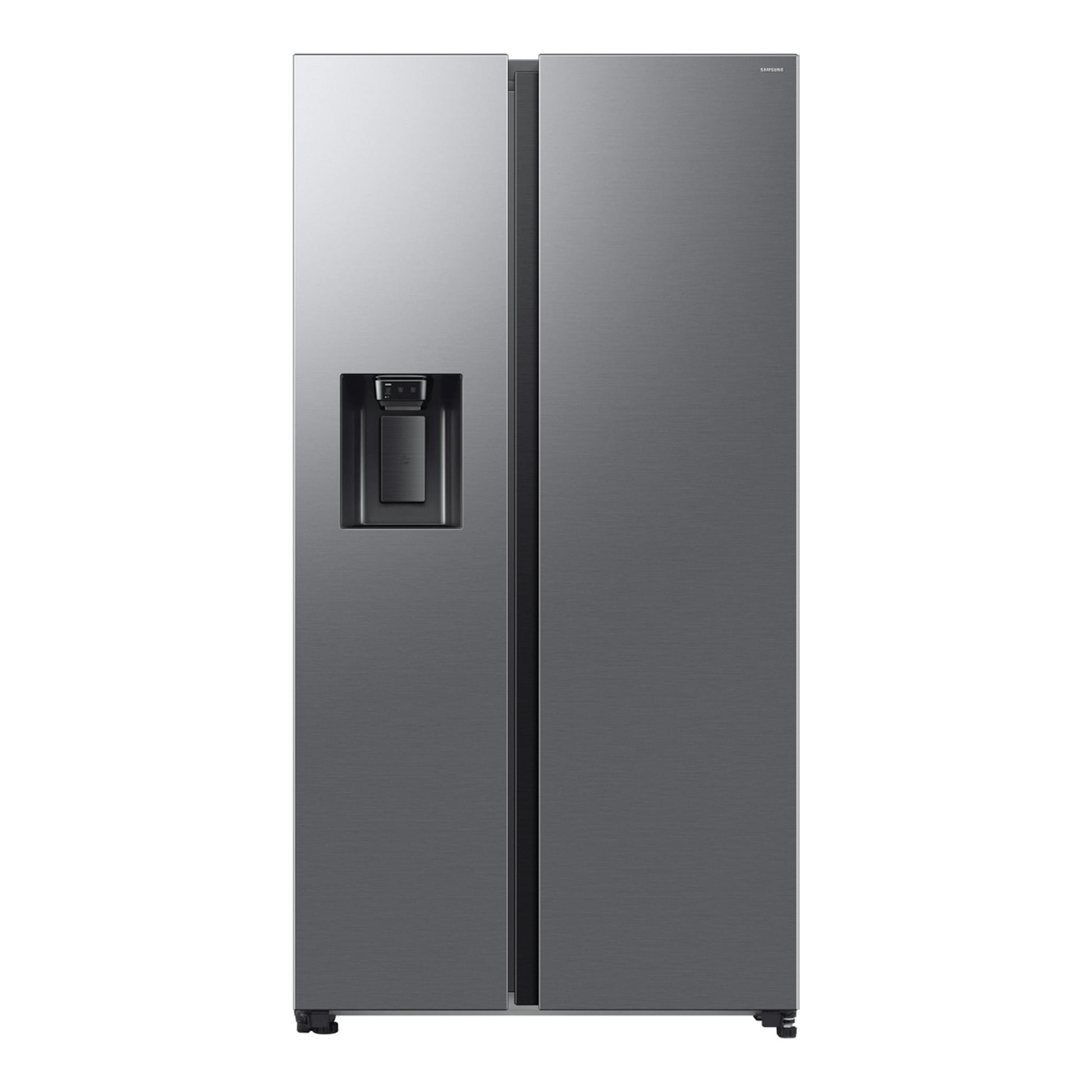 Frigorífico americano Samsung RS70F67KCTEF inox, vista frontal, con dispensador de agua en la puerta.