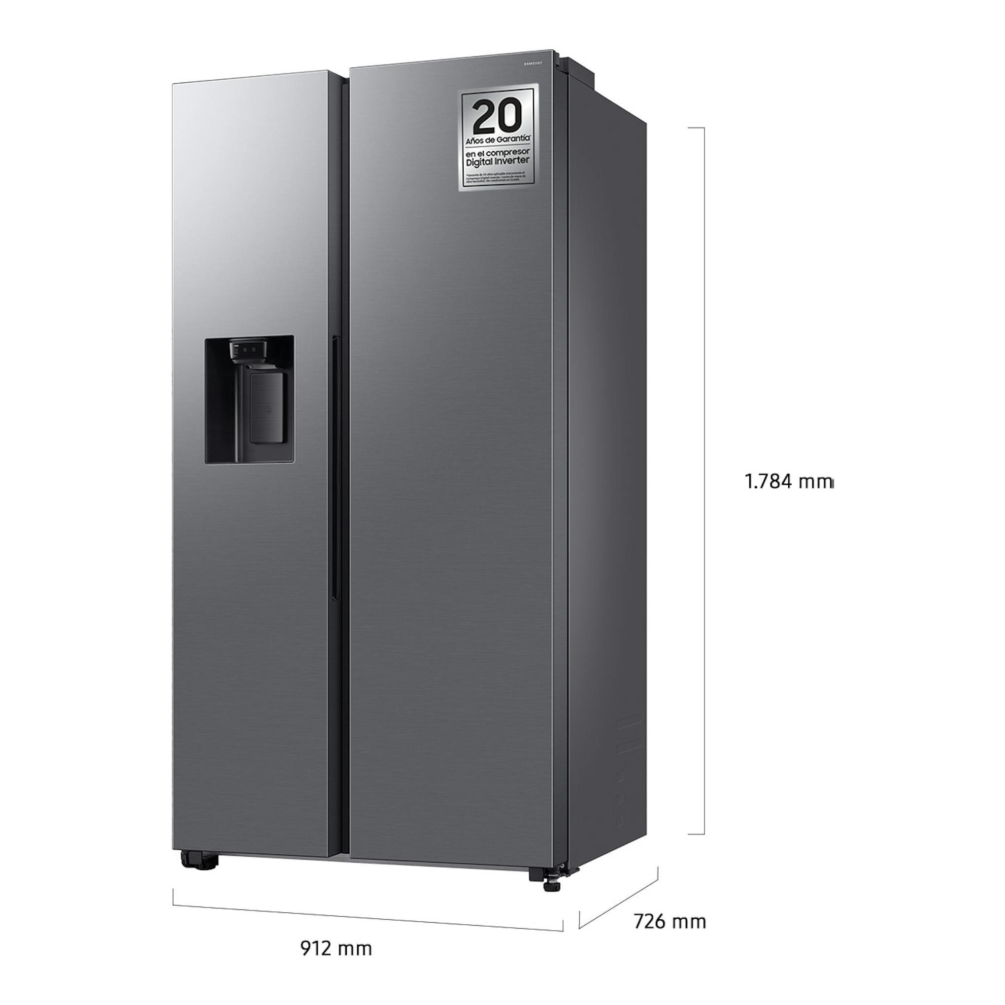 Frigorífico americano Samsung RS70F67KCTEF inox, vista frontal en ángulo, con dispensador y doble puerta.