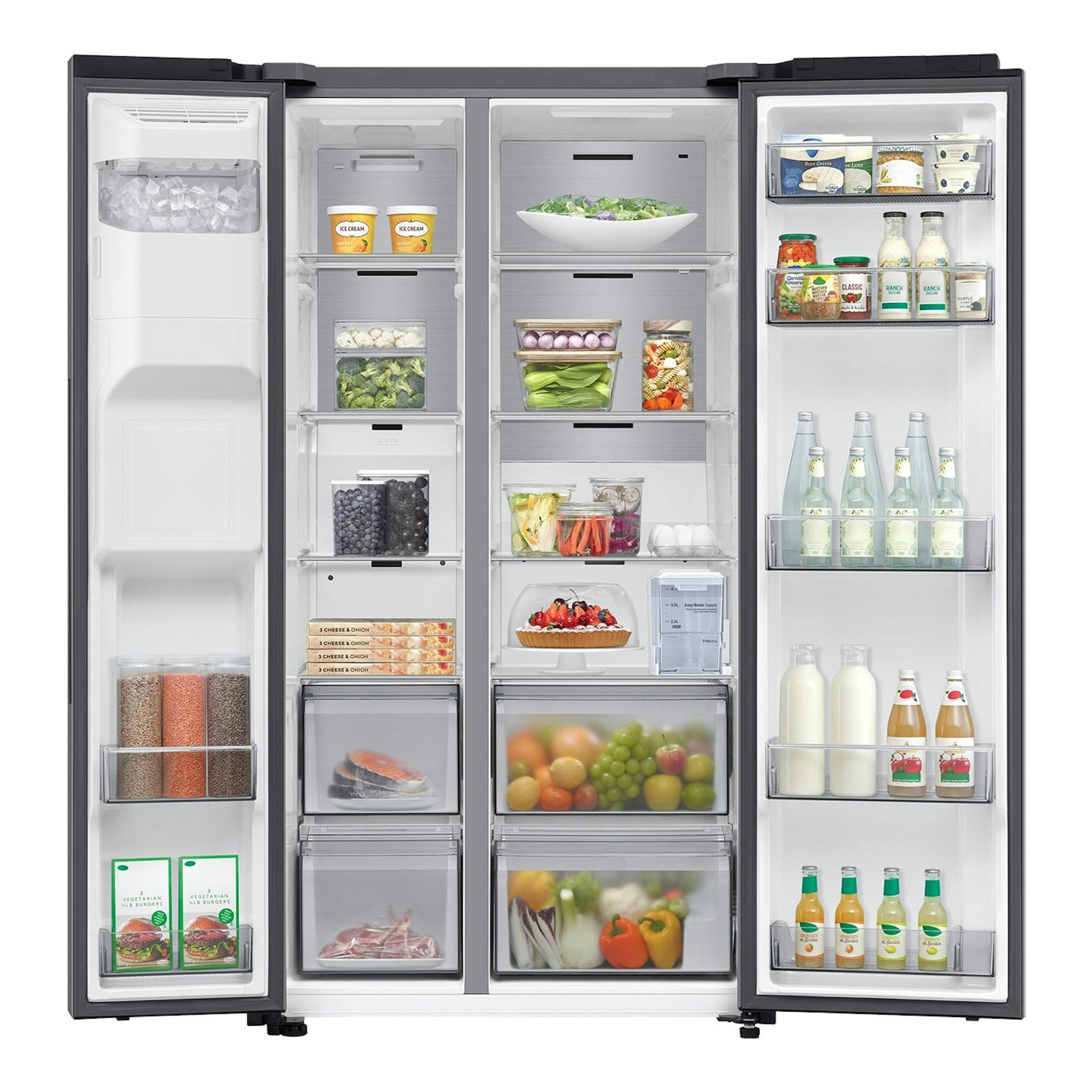 Frigorífico americano Samsung RS70F67KCTEF inox, vista frontal con puertas abiertas e interior visible.