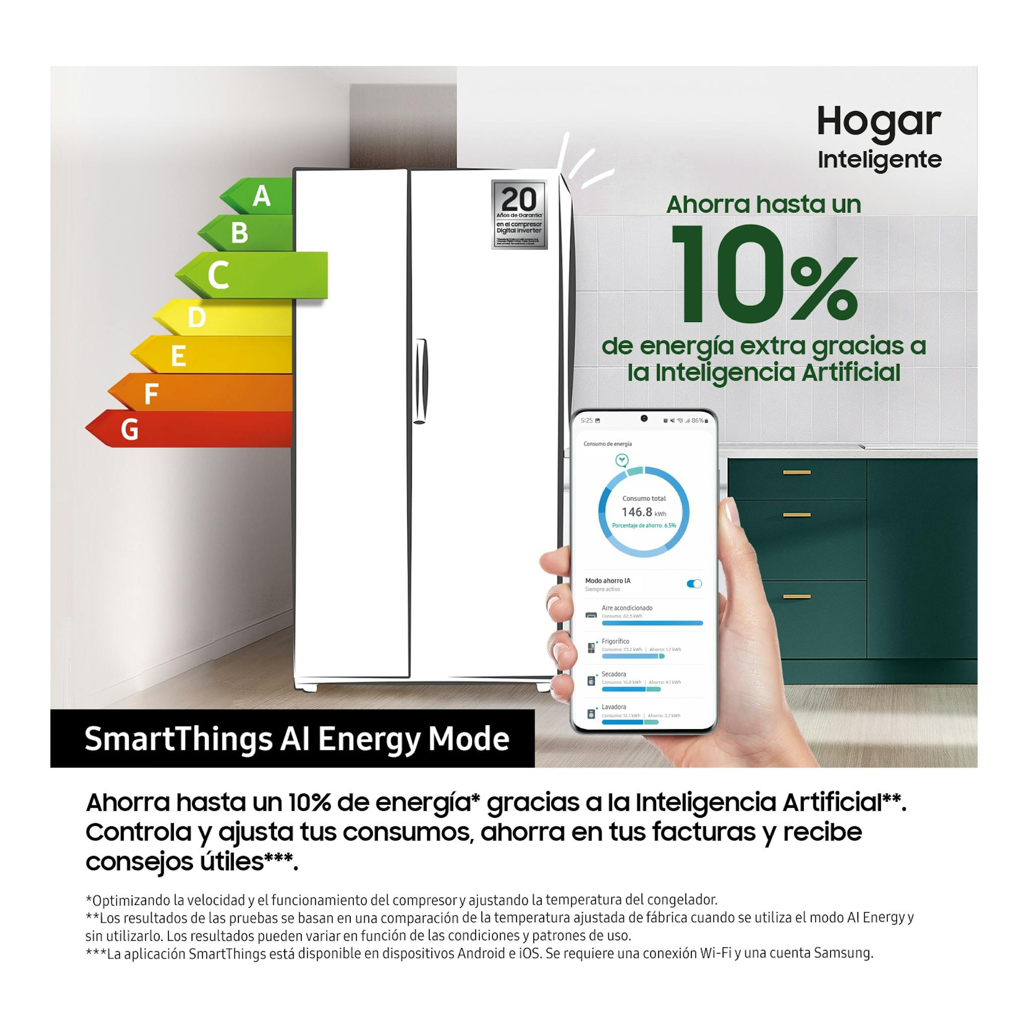 Samsung RS70F67KCTEF, frigorífico americano inox, vista frontal en cocina, con móvil y gráfico de eficiencia.
