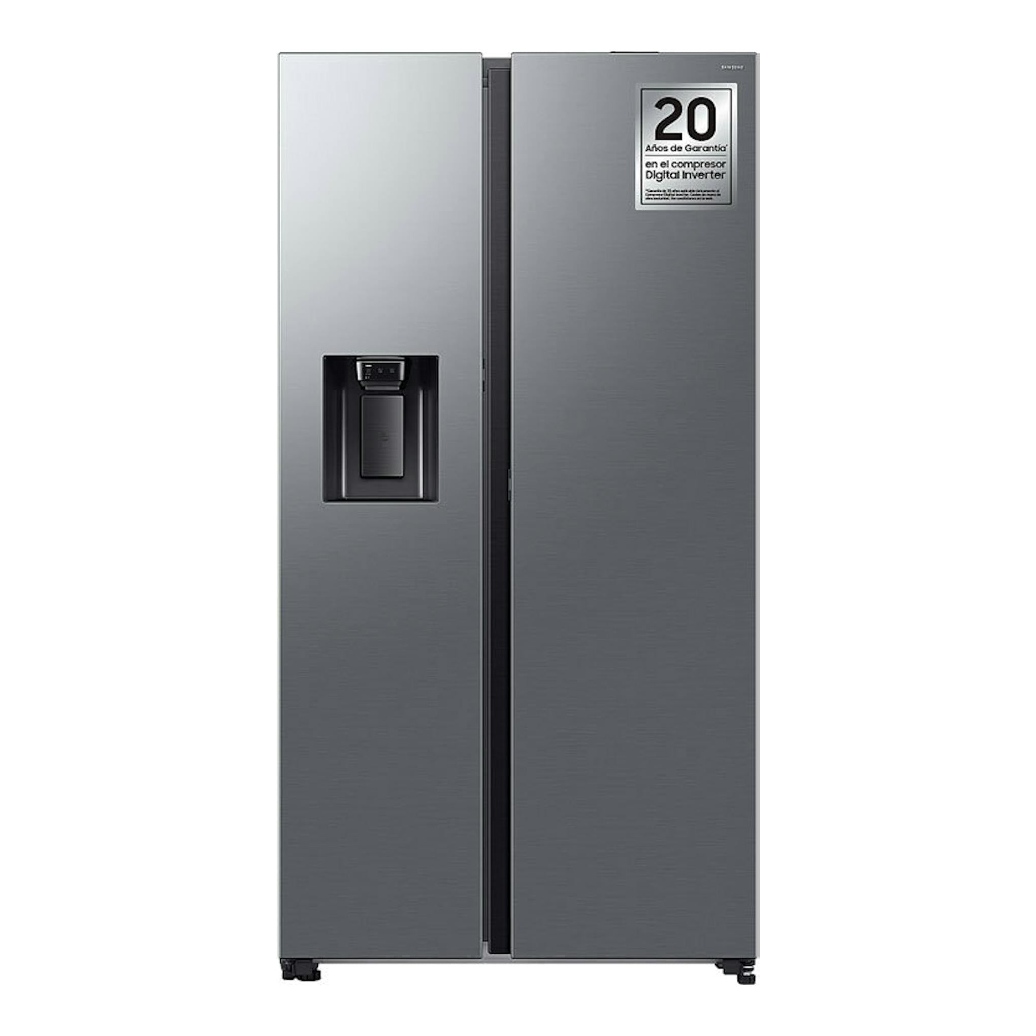 Frigorífico americano Samsung RS80F64KDTEF inox, vista frontal, con dispensador de agua y dos puertas.