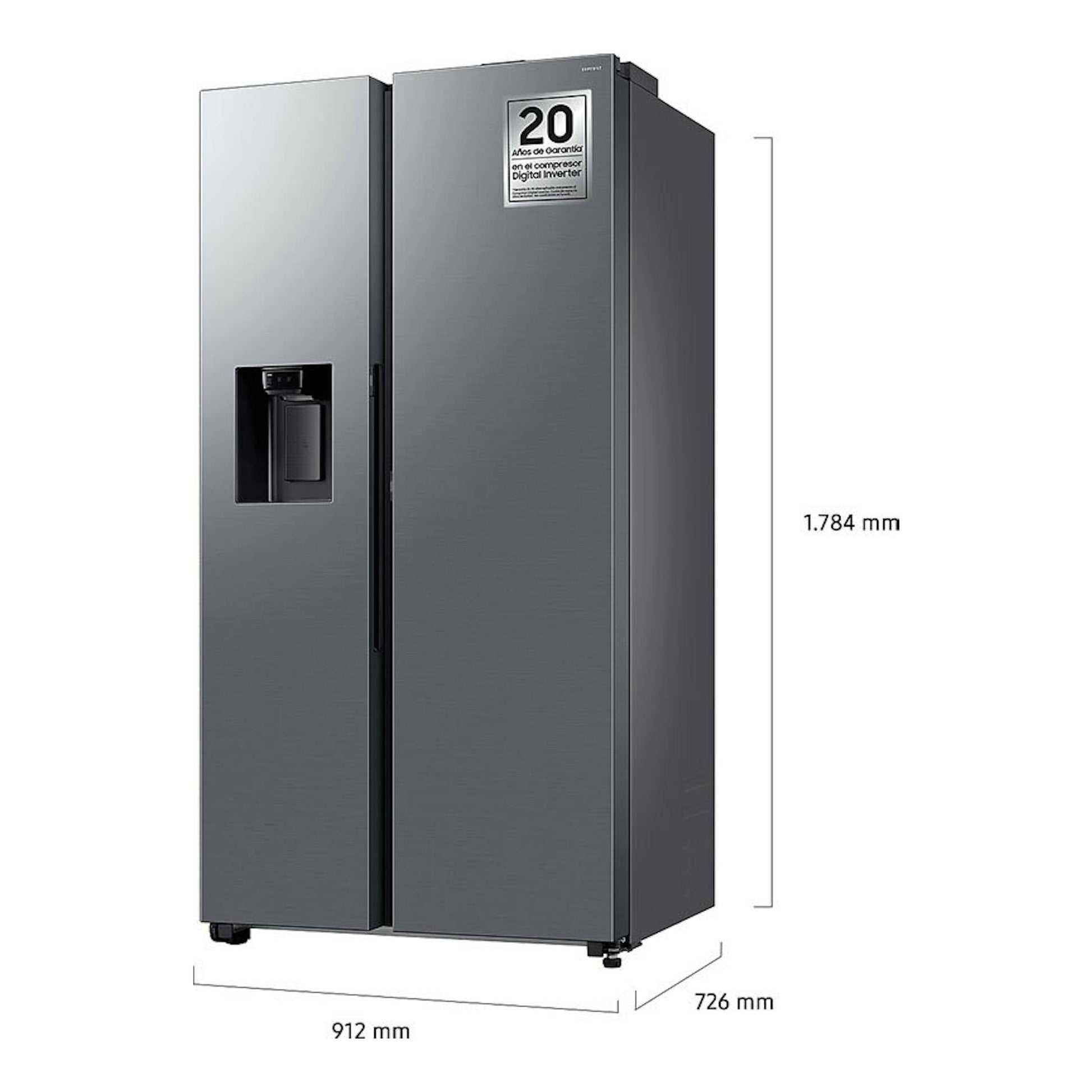Frigorífico americano Samsung RS80F64KDTEF inox, vista frontal en ángulo, con dispensador y medidas.