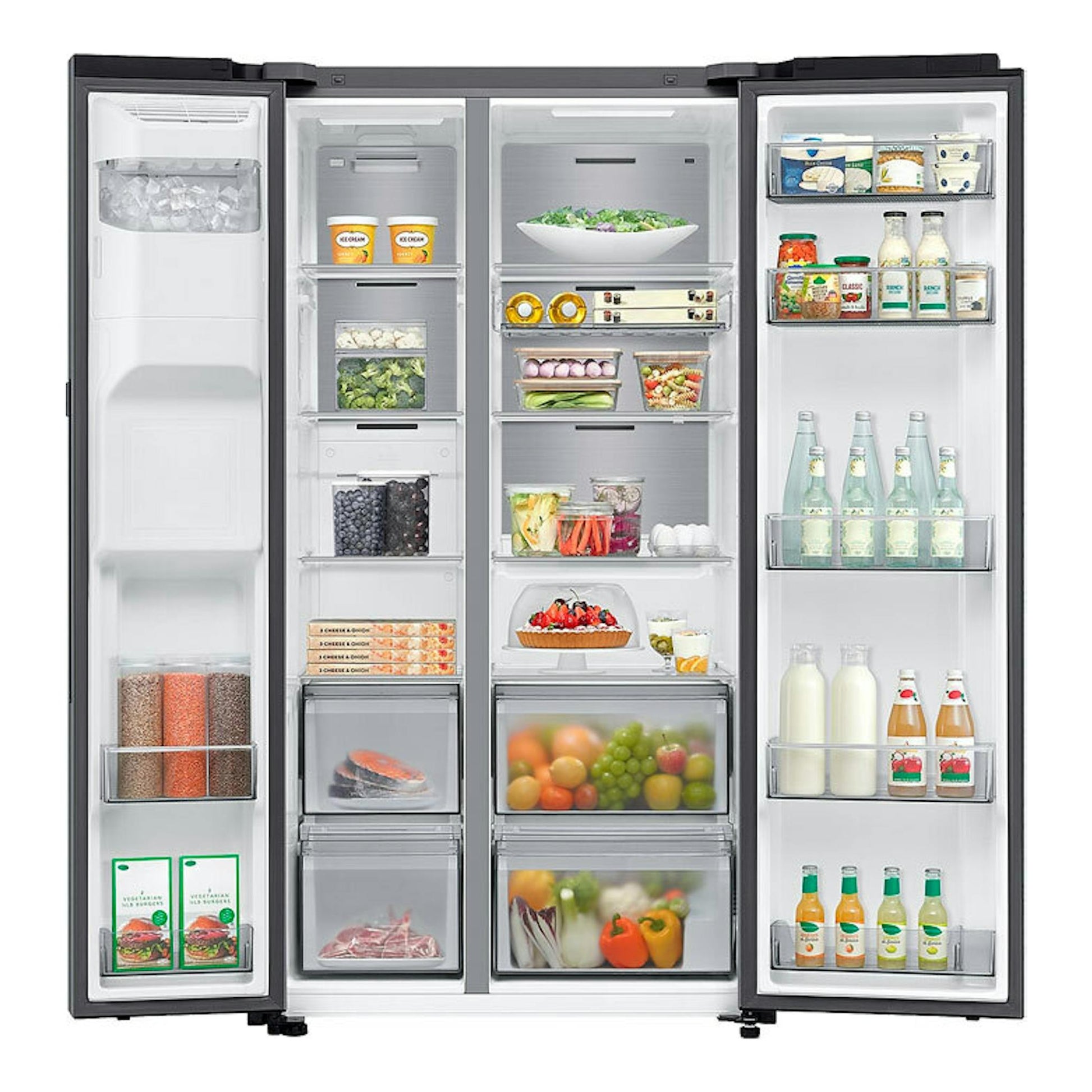 Frigorífico americano Samsung RS80F64KDTEF inox, visto de frente con las puertas abiertas y el interior visible.