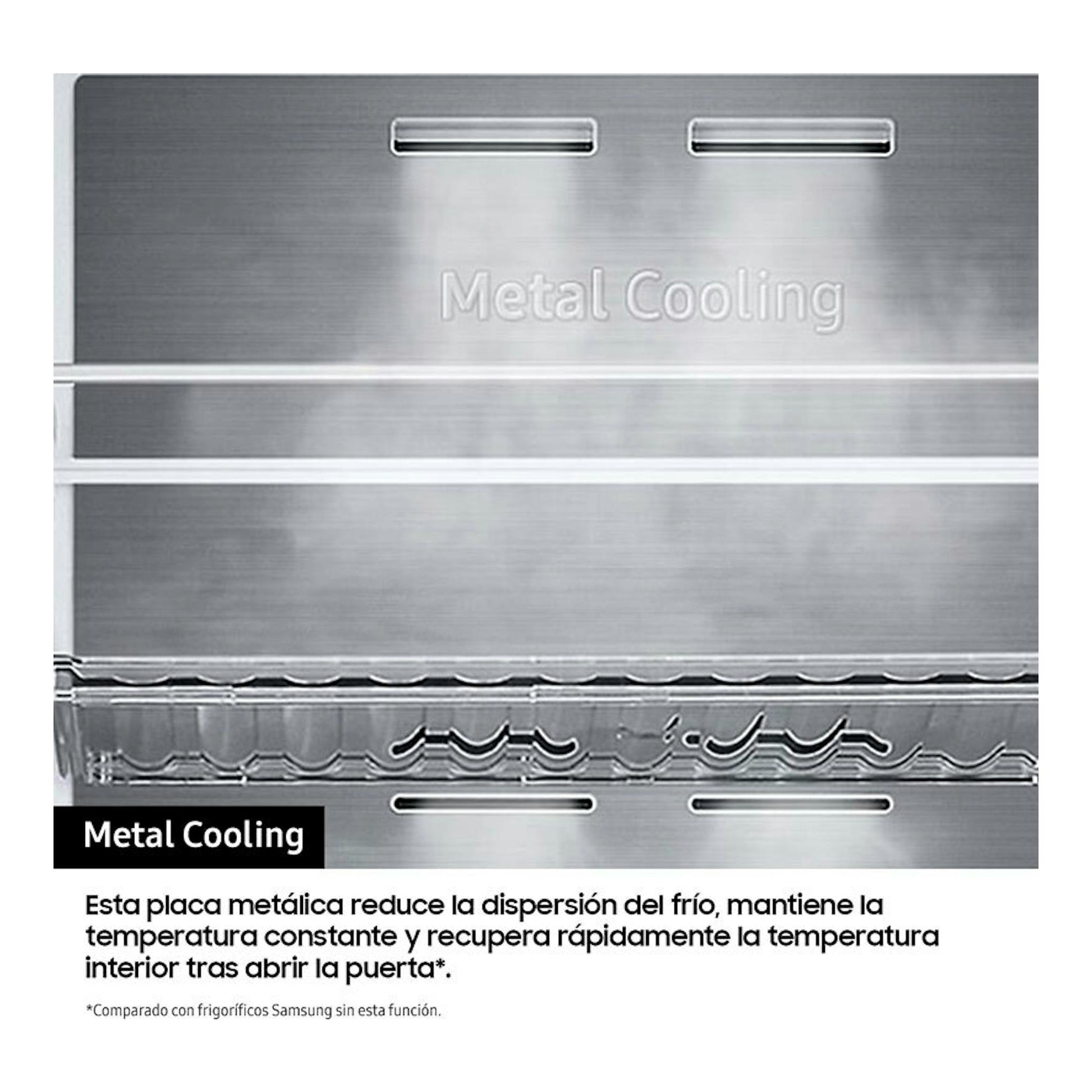 Detalle frontal de un frigorífico Samsung RS80F64KDTEF inox con panel Metal Cooling.