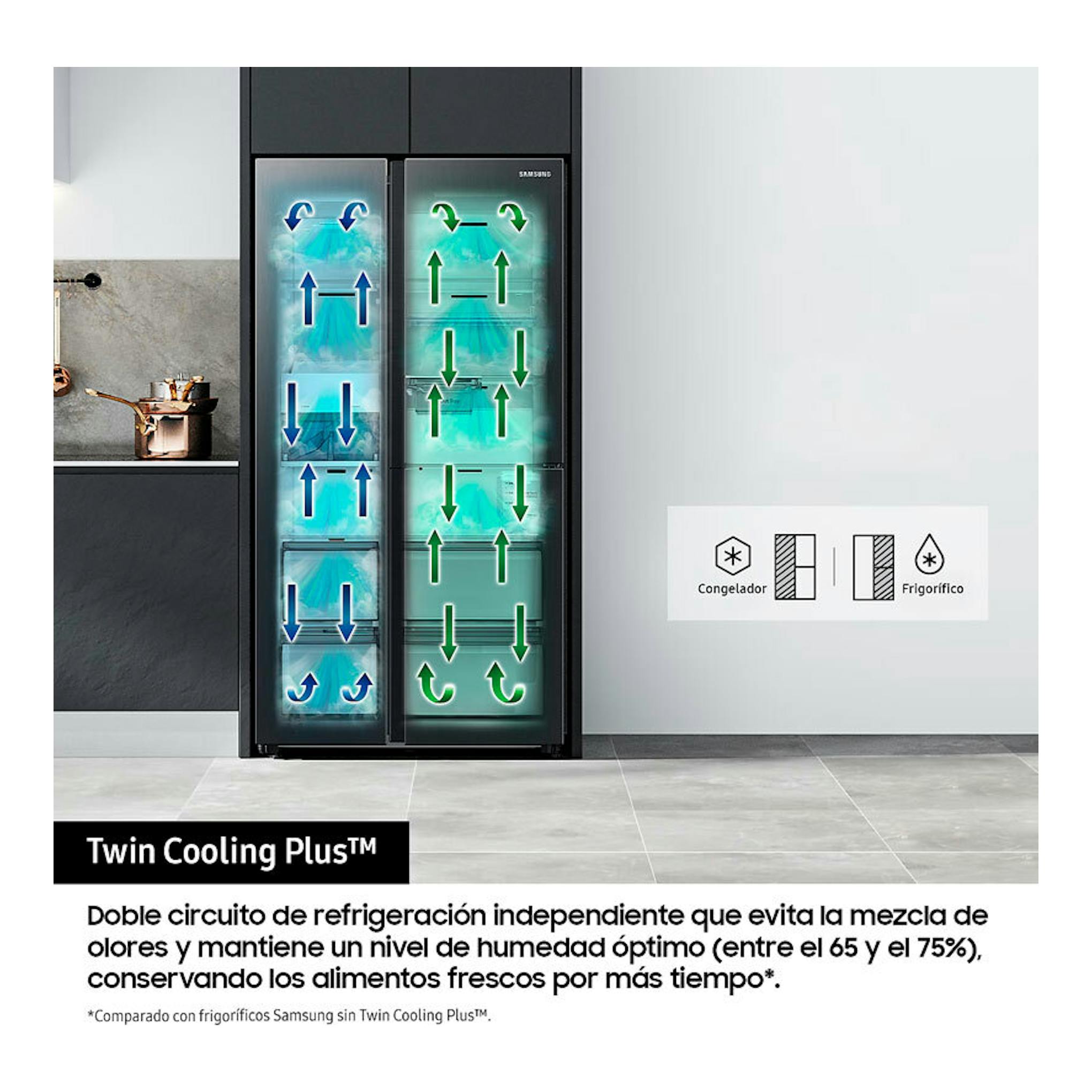 Frigorífico americano Samsung RS80F66KCTEF inox, vista frontal, negro, con esquema de refrigeración Twin Cooling Plus.