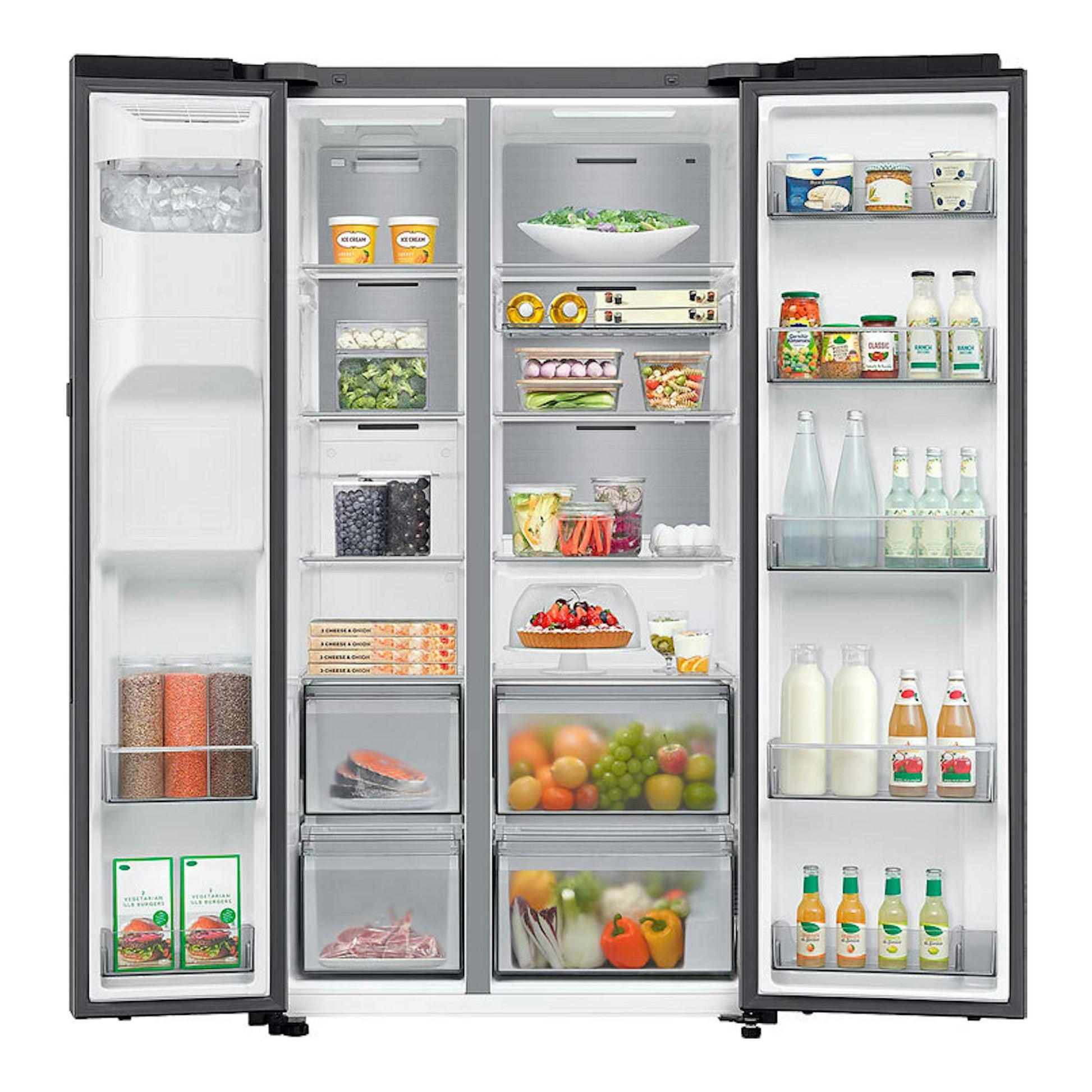 Frigorífico americano Samsung RS90F64EETEF inox, vista frontal, puertas abiertas e interior con alimentos.