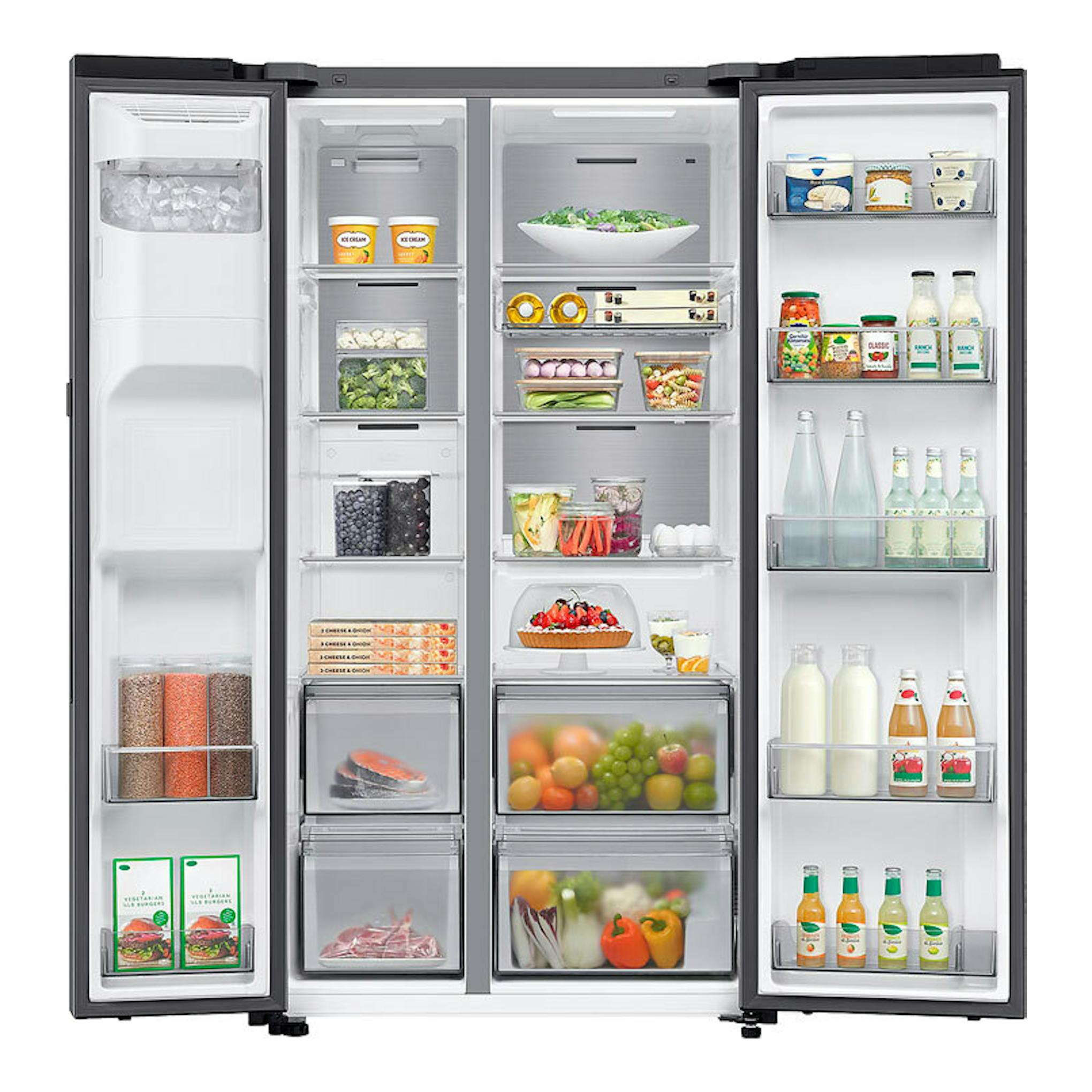 Frigorífico americano Samsung RS90F64EETEF inox, vista frontal, puertas abiertas e interior con alimentos.