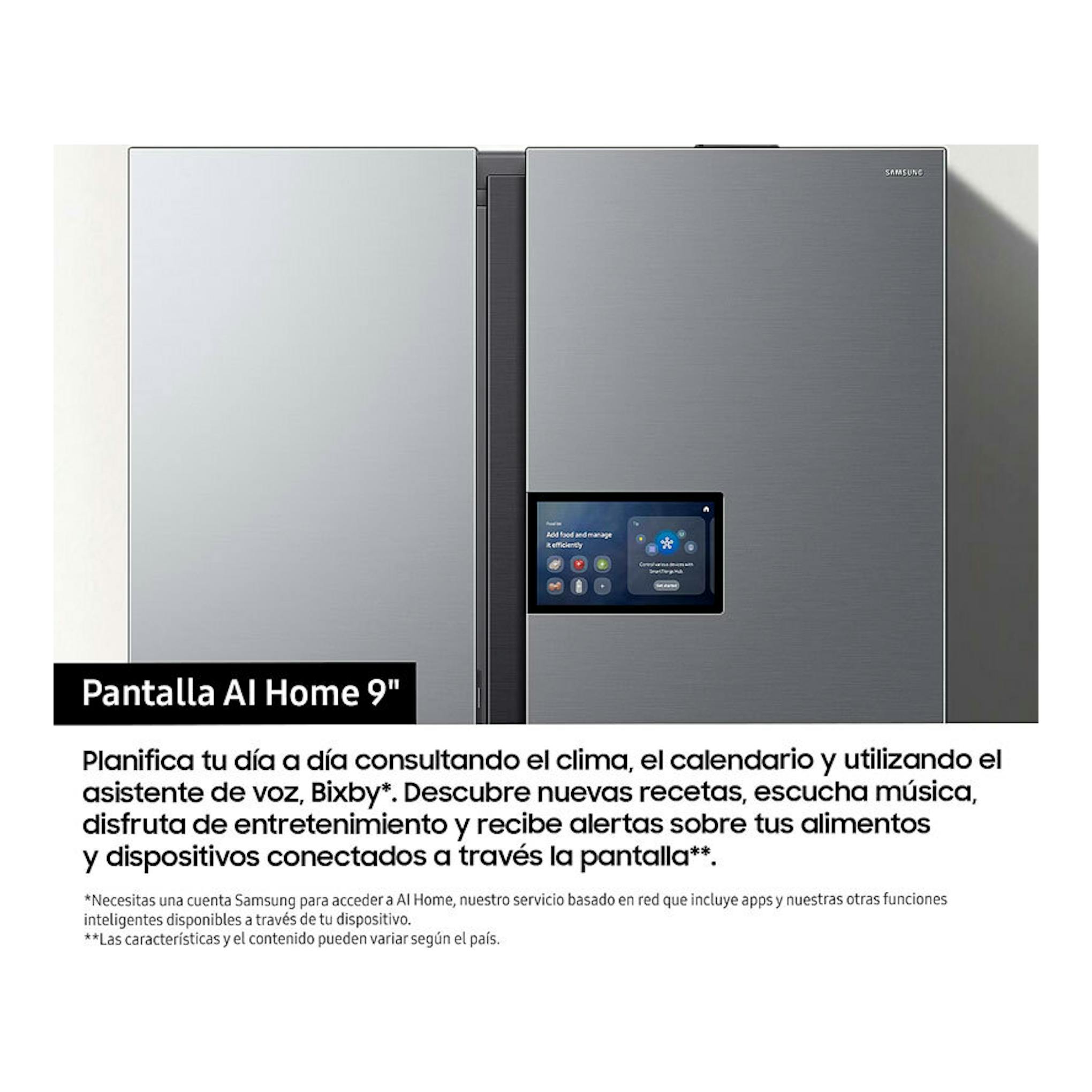 Frigorífico americano Samsung RS90F64EETEF inox, vista frontal, con pantalla táctil en la puerta derecha.