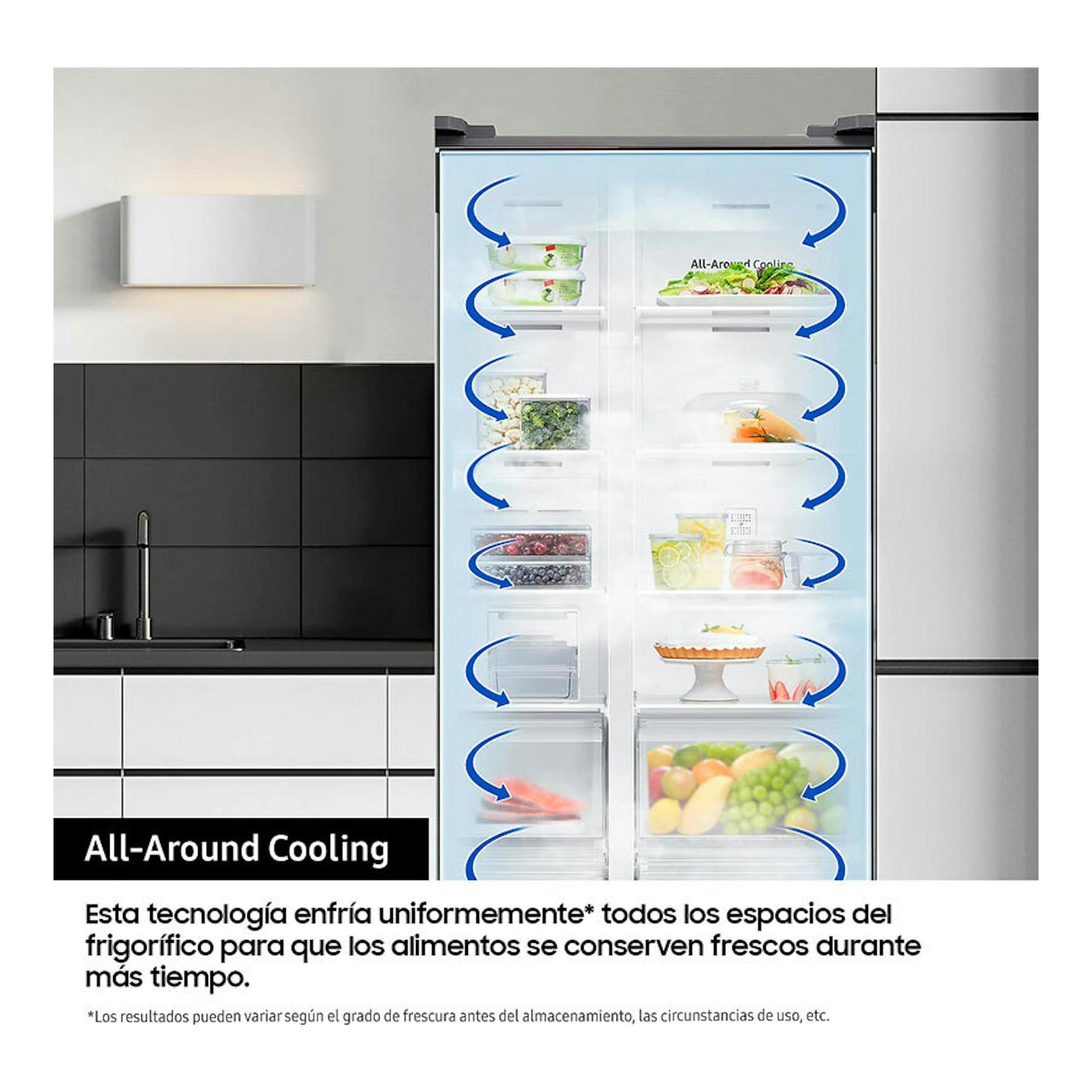 Frigorífico americano Samsung RS90F64EETEF inox, vista frontal del interior con alimentos y flechas azules.