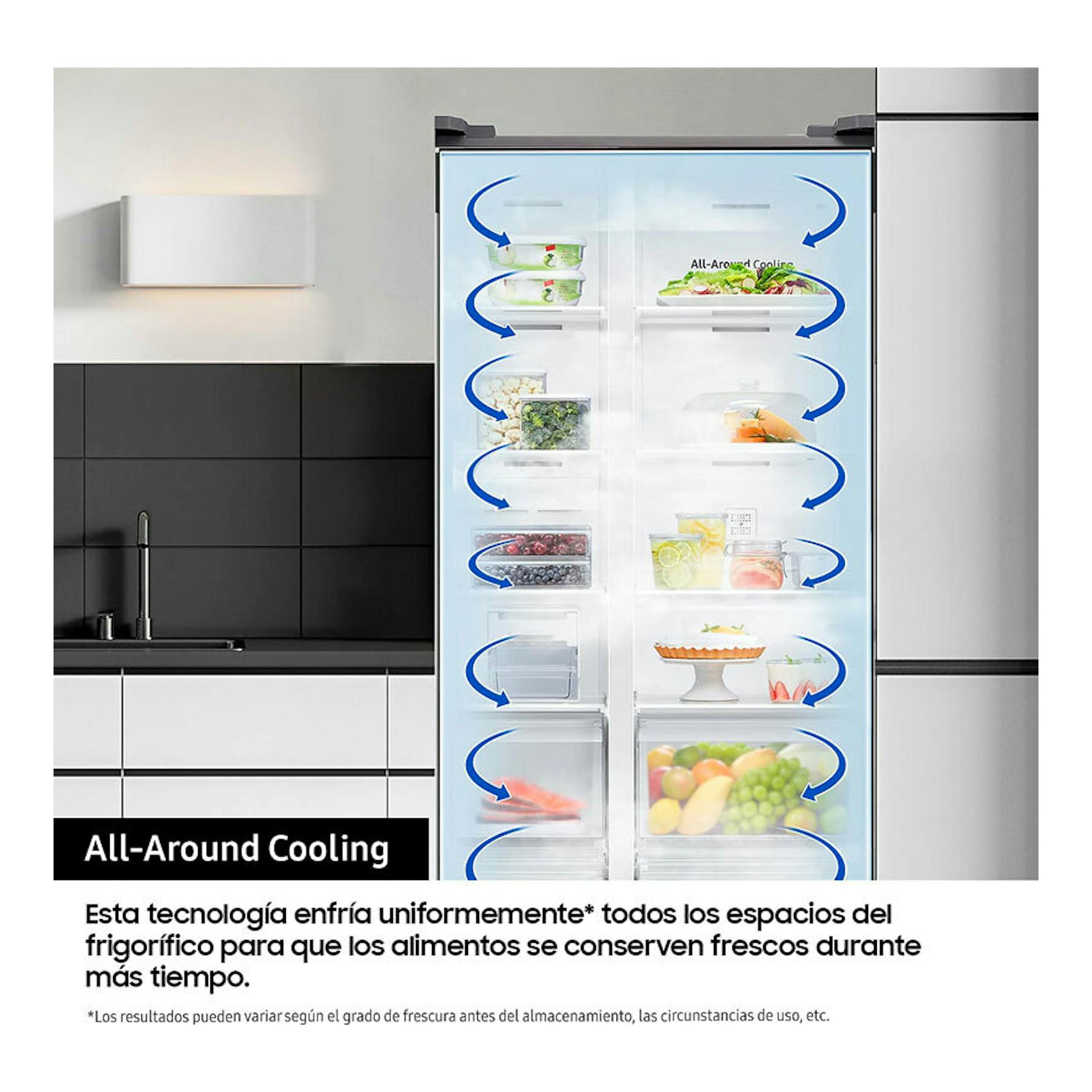 Frigorífico americano Samsung RS90F64EETEF inox, vista frontal del interior con alimentos y flechas azules.