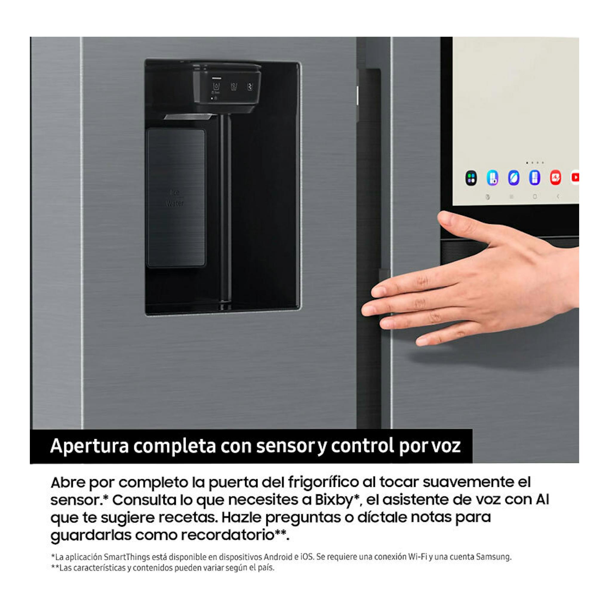 Samsung RS90F66BEFEF frigorífico americano grafito, vista frontal parcial con dispensador y mano tocando el sensor.