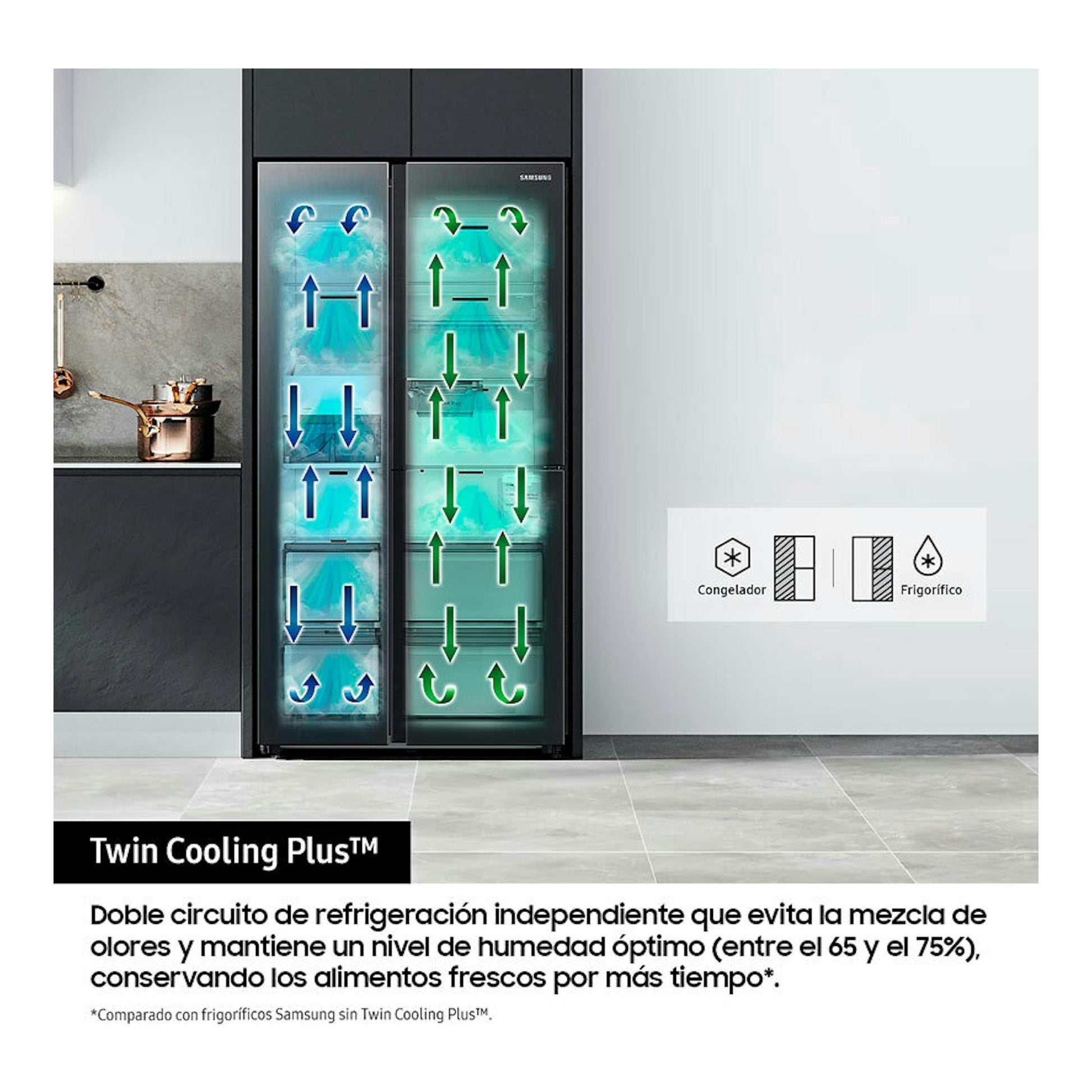 Frigorífico americano Samsung RS90F66BEFEF grafito, vista frontal, con puertas dobles.