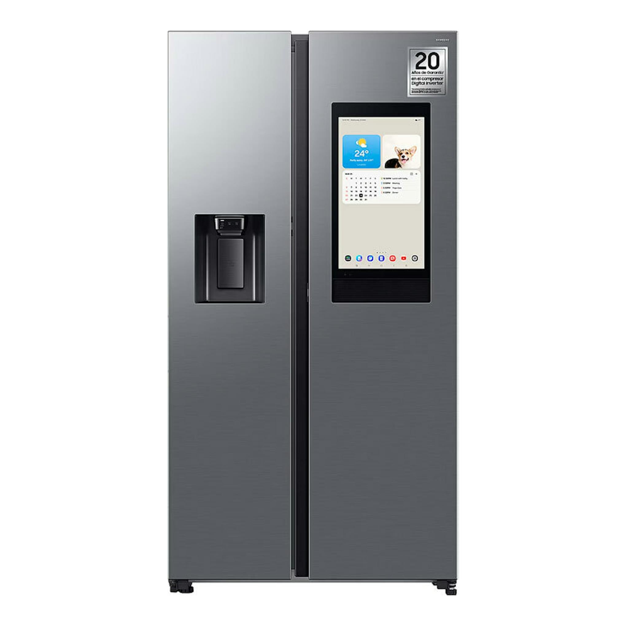Frigorífico americano Samsung RS90F66BETEF inox, vista frontal, dos puertas con dispensador y pantalla.
