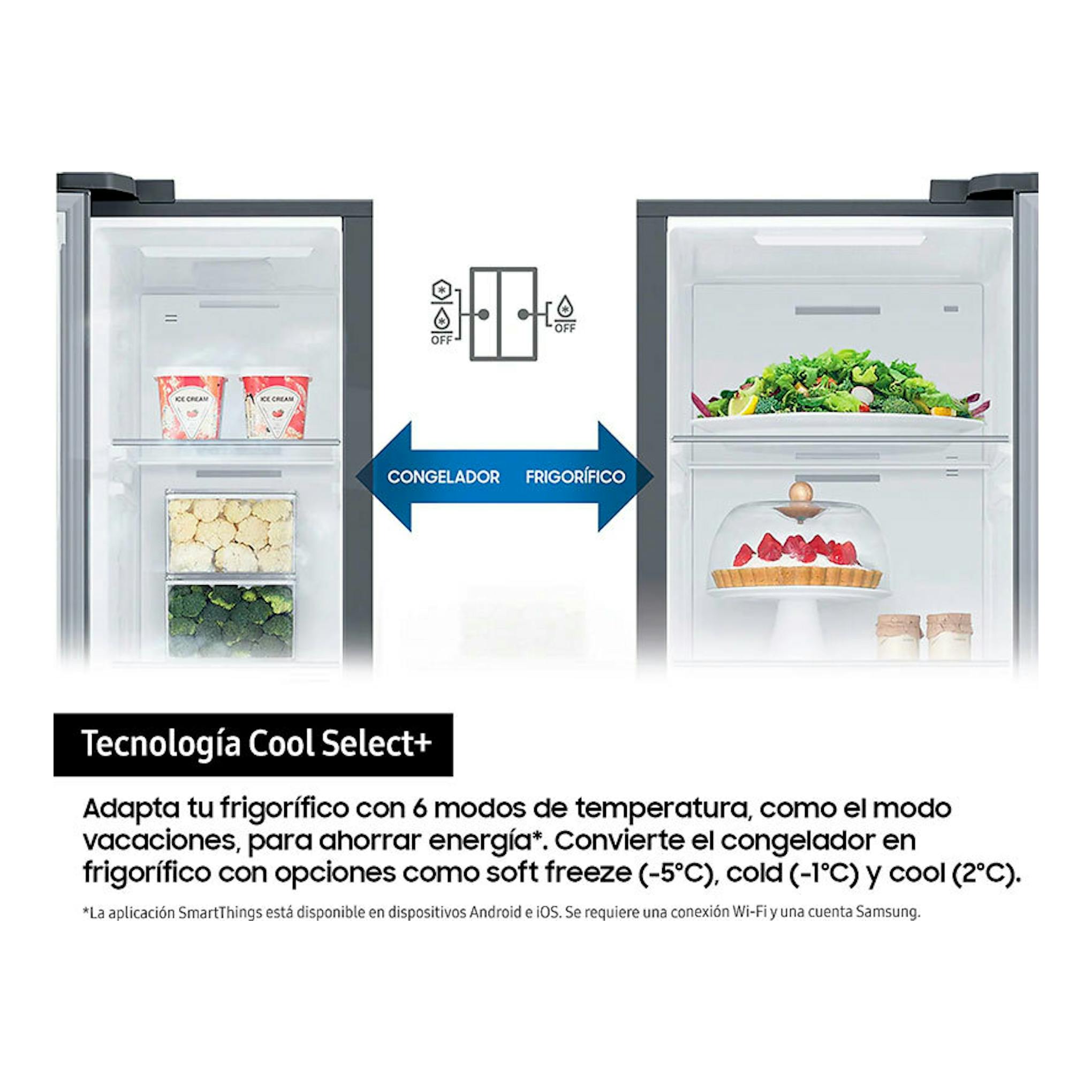Samsung RS90F66BETEF: frigorífico americano inox, vista frontal, con congelador y frigorífico abiertos.