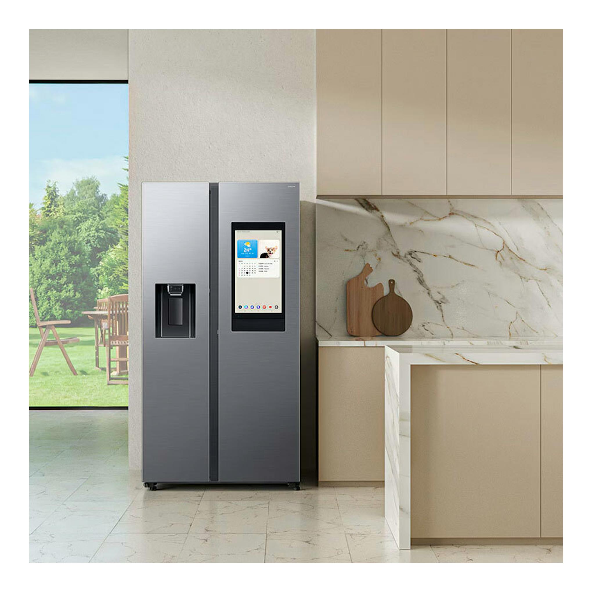 Frigorífico americano Samsung RS90F66BETEF inox, vista frontal, con dispensador y pantalla en la puerta.