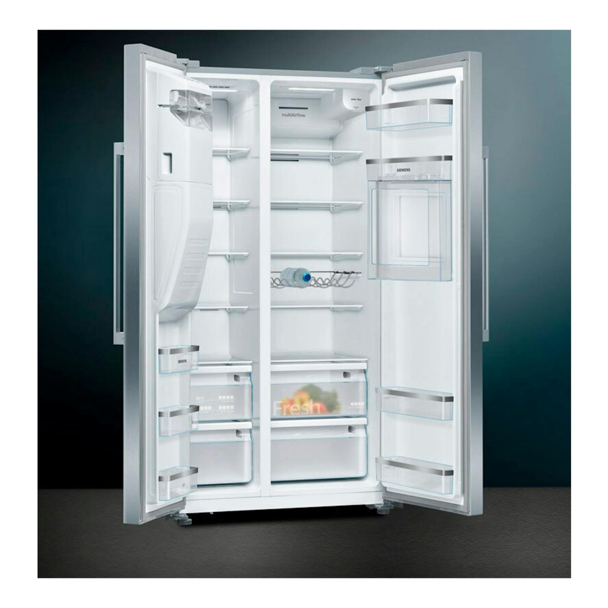 Frigorífico americano Siemens KA93GAIDP inox, vista frontal con puertas abiertas e interior vacío.