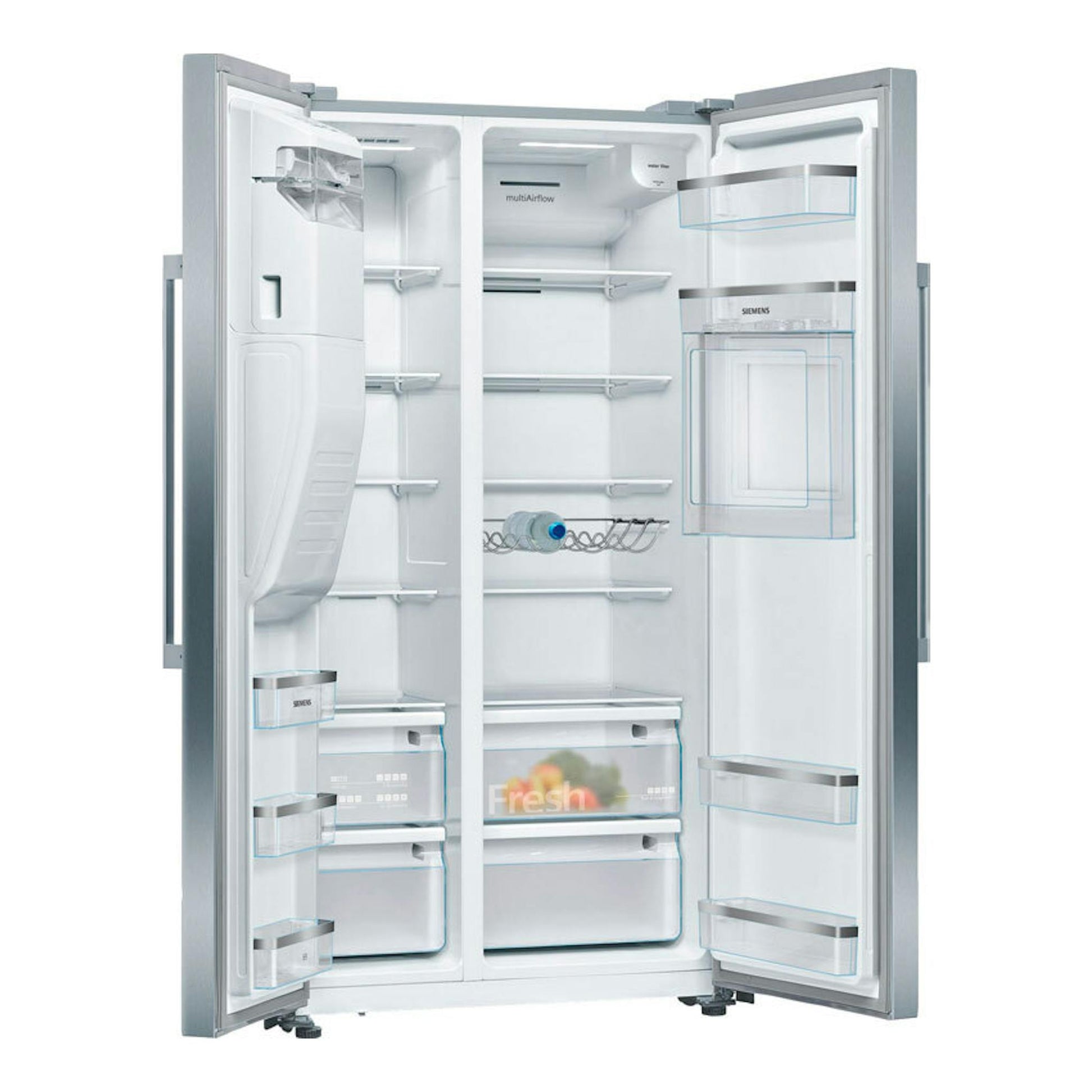 Frigorífico americano Siemens KA93GAIDP inox, puertas abiertas, vista frontal del interior con baldas y cajones.