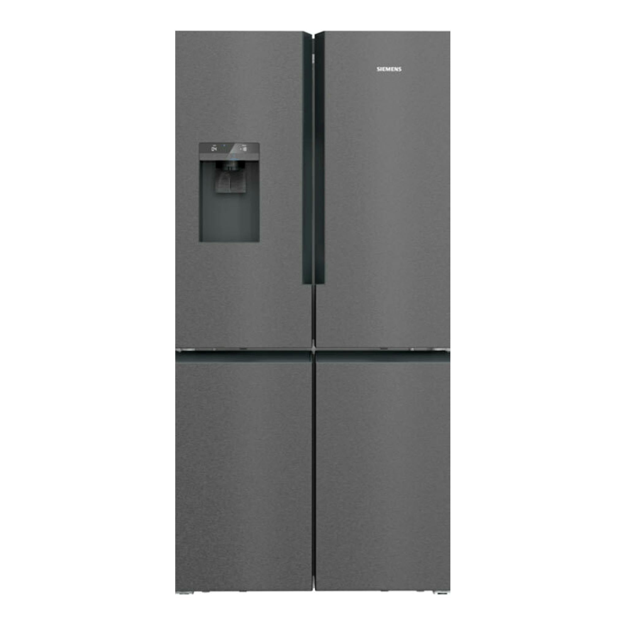 Frigorífico americano Siemens KF96DAXEA grafito, vista frontal, con dispensador de agua en la puerta.