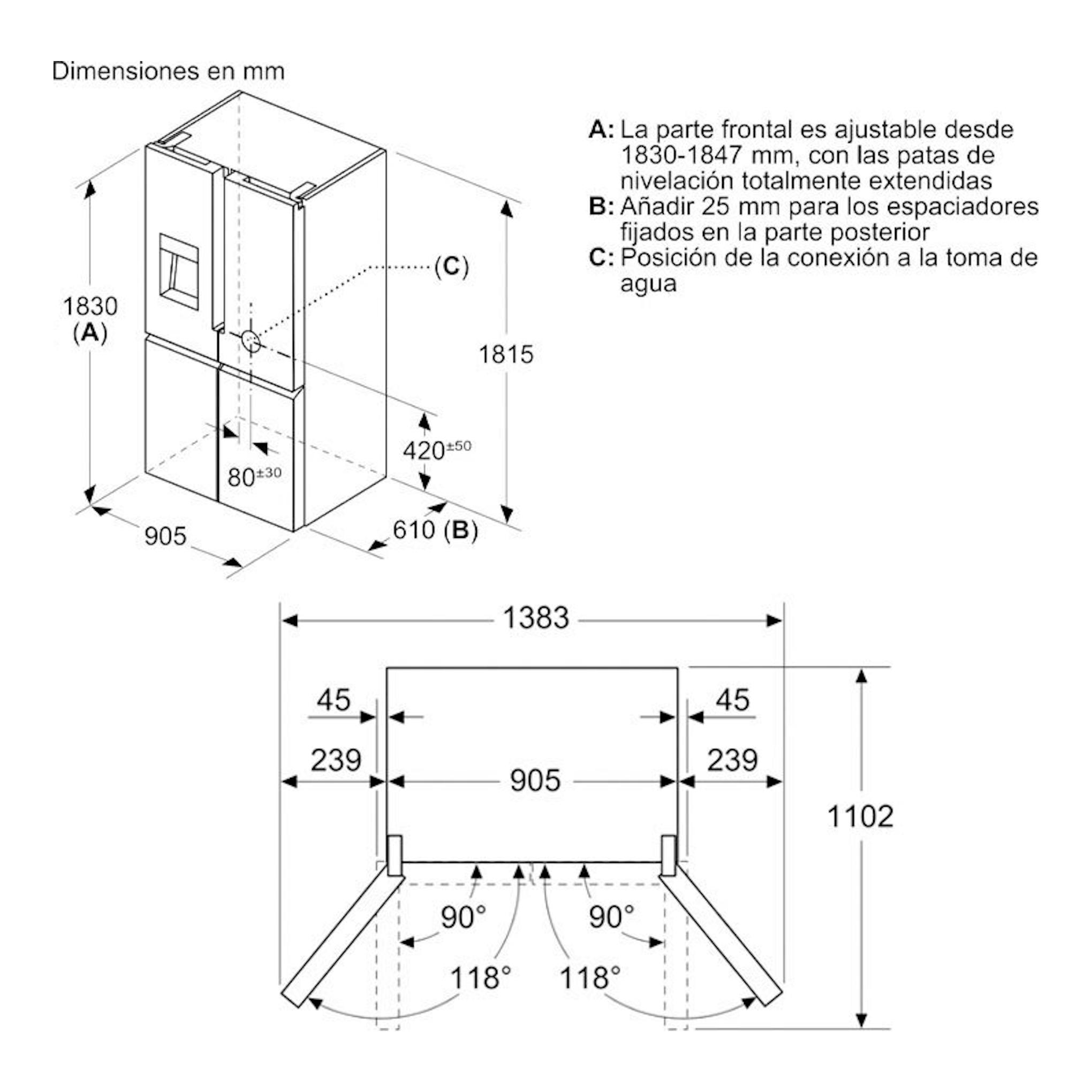 Diagrama técnico del frigorífico americano Siemens KF96DAXEA grafito, vistas frontal y lateral con medidas.