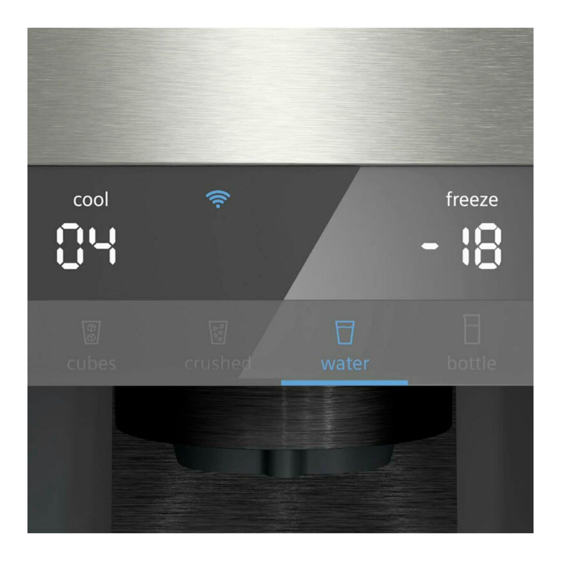 Panel dispensador de frigorífico Siemens KF96DAXEA en grafito, con 4 °C y -18 °C, opción agua seleccionada.