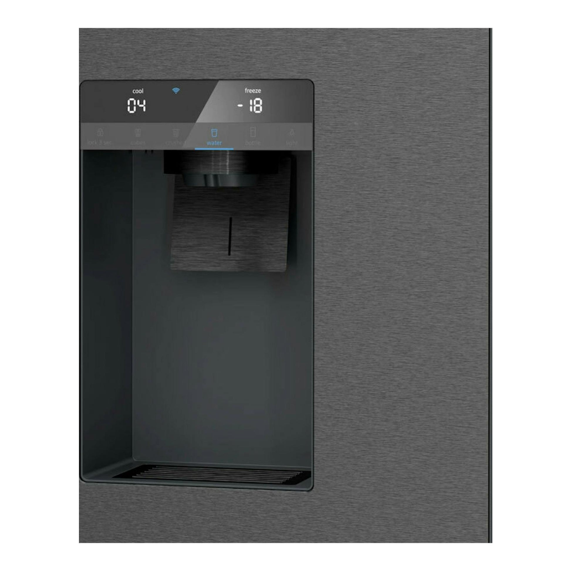Frigorífico americano Siemens KF96DAXEA en grafito, con dispensador frontal y panel digital.