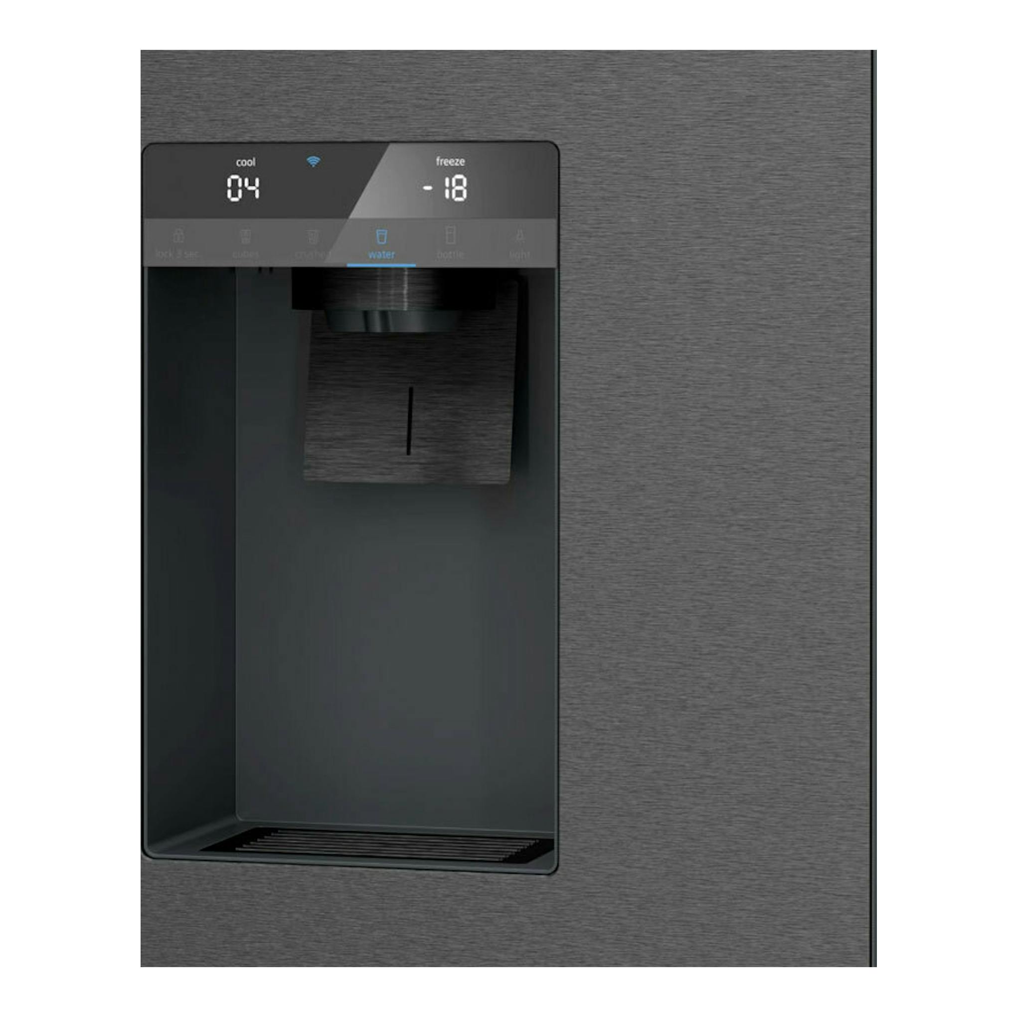 Frigorífico americano Siemens KF96DAXEA en grafito, con dispensador frontal y panel digital.