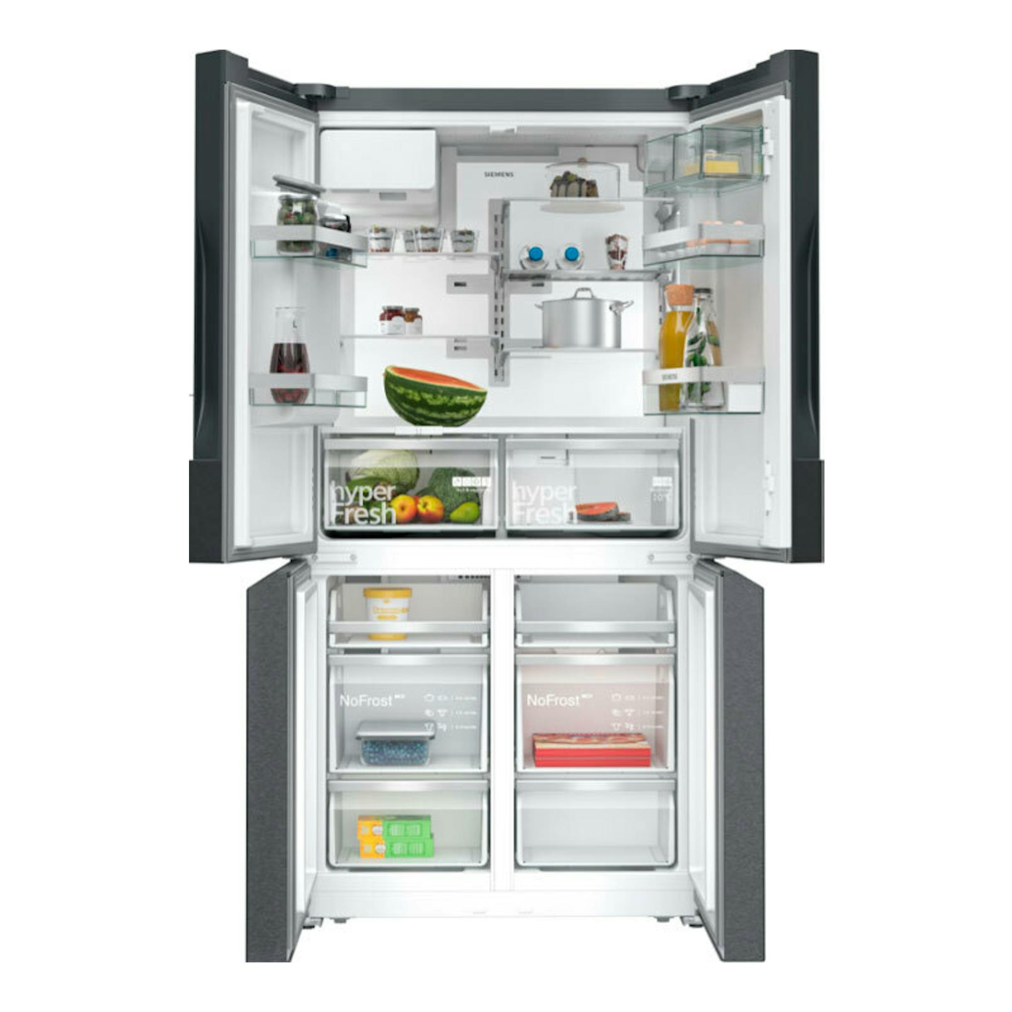 Frigorífico americano Siemens KF96DPXEA negro, vista frontal con puertas abiertas.