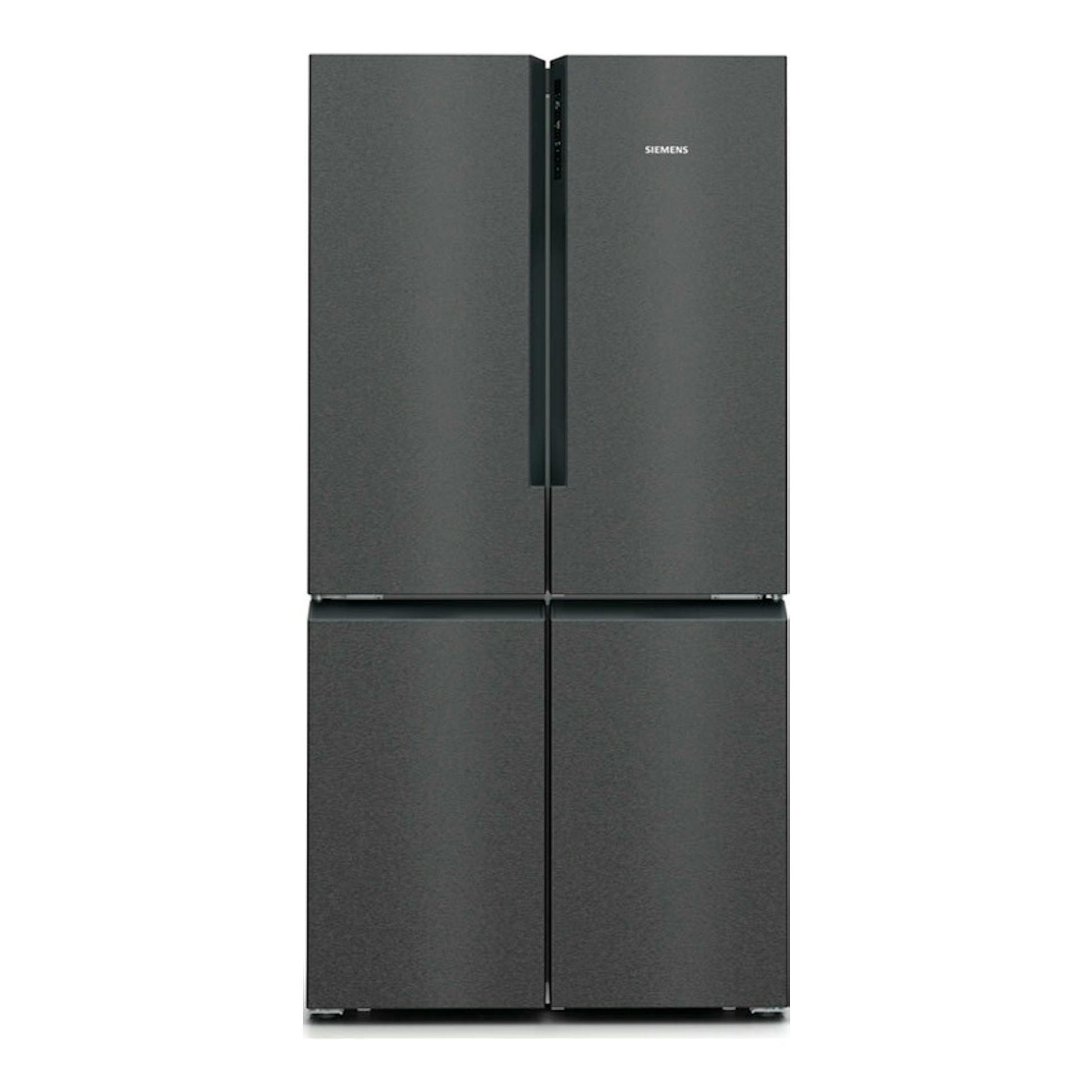 Frigorífico americano Siemens KF96NAXEA gris, vista frontal, de cuatro puertas.