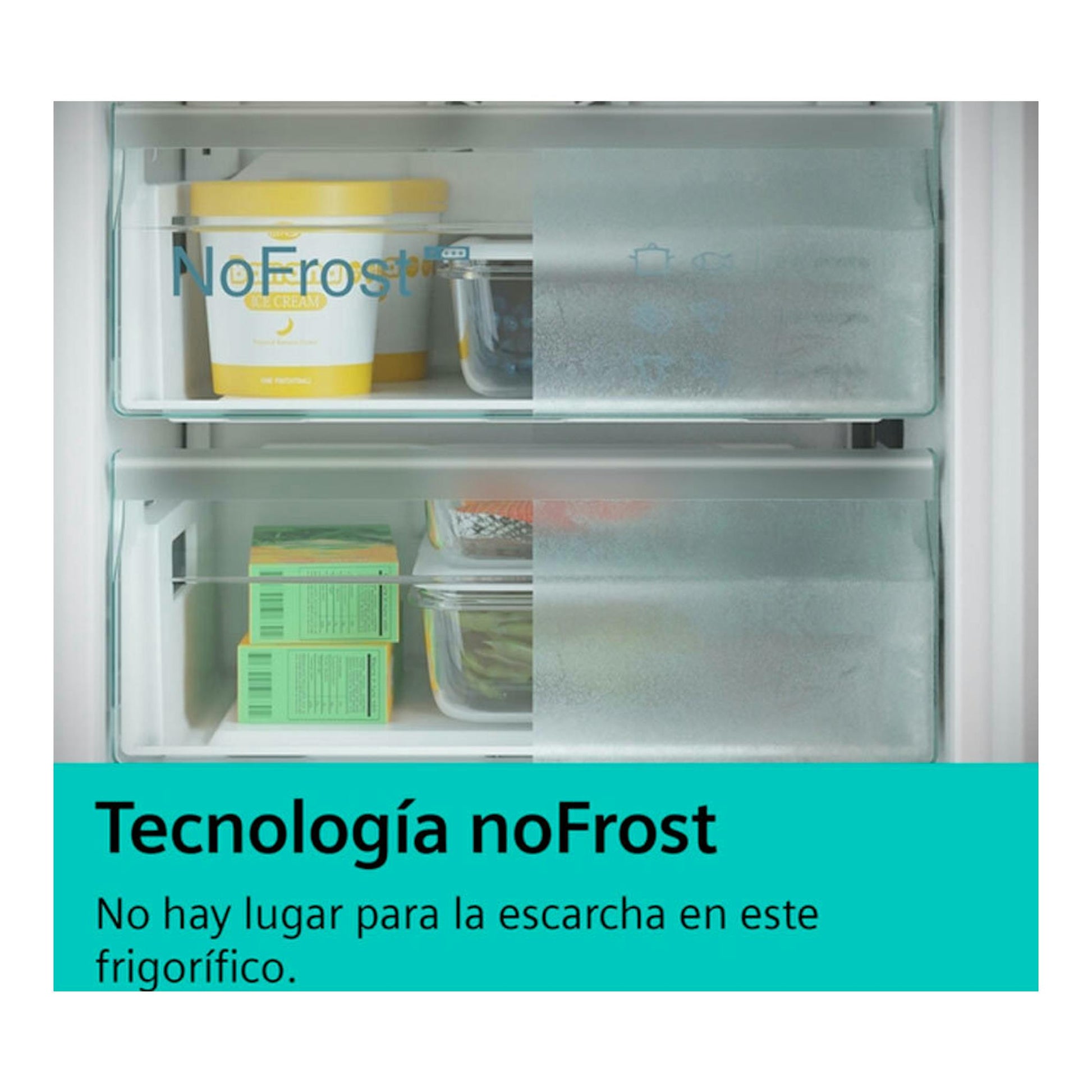 Interior de frigorífico Siemens KF96NAXEA con cajones transparentes y texto «Tecnología noFrost».