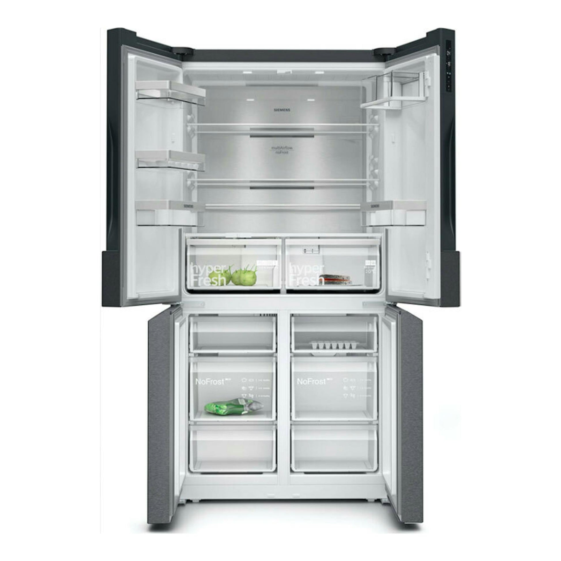 Frigorífico americano Siemens KF96NAXEA gris, vista frontal con puertas abiertas e interior visible.