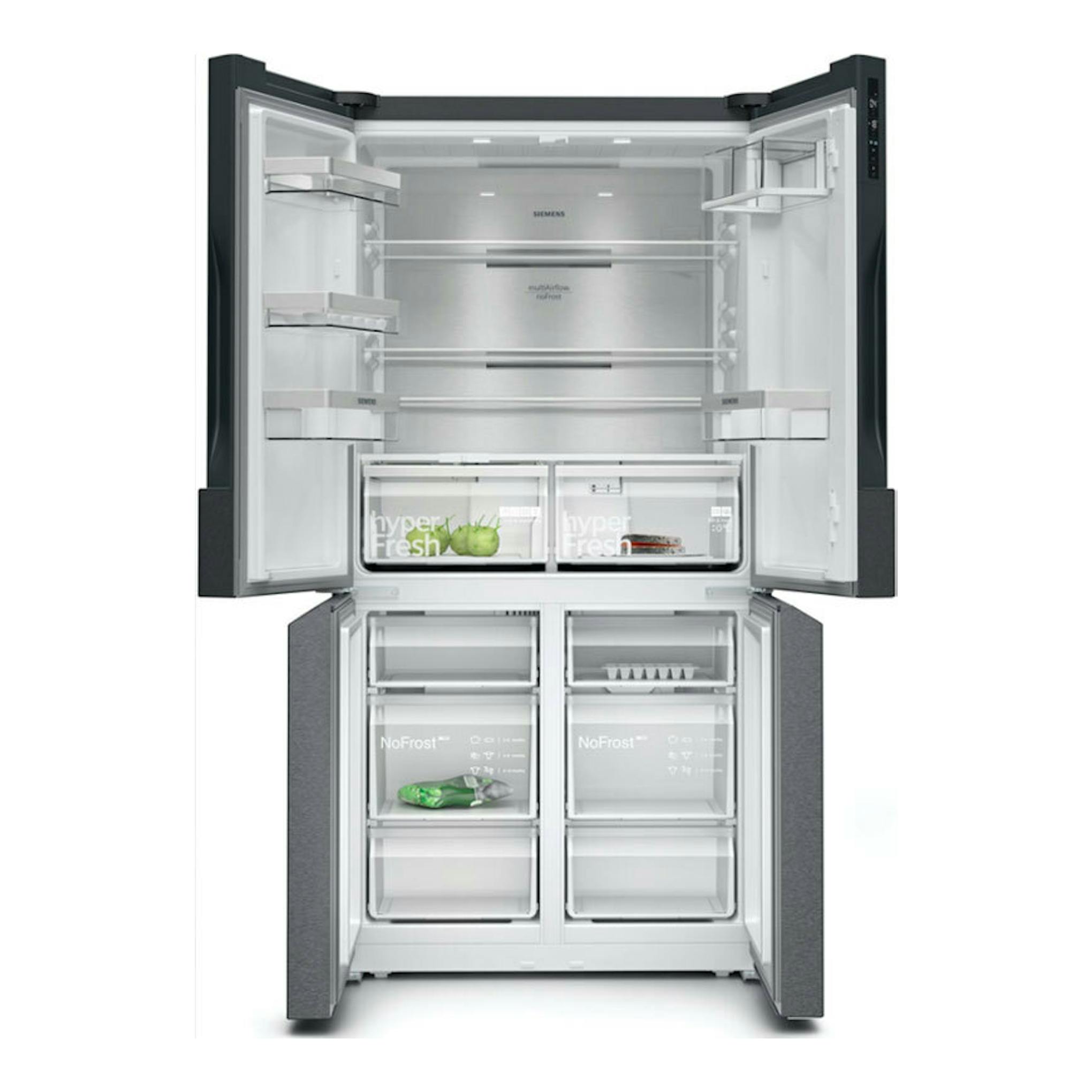 Frigorífico americano Siemens KF96NAXEA gris, vista frontal con puertas abiertas e interior visible.