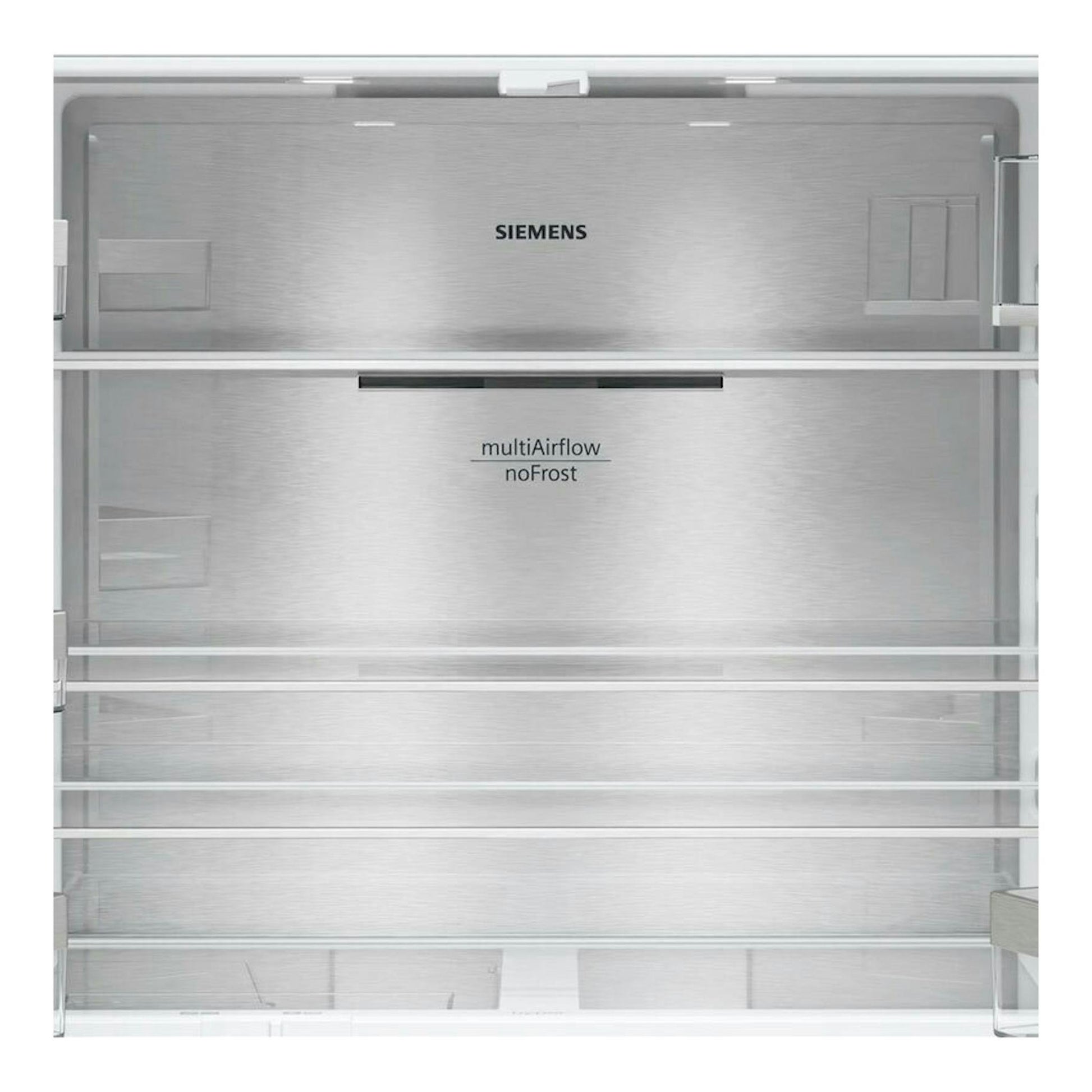 Frigorífico americano Siemens KF96NAXEA gris, vista frontal, con puertas de acero inoxidable.