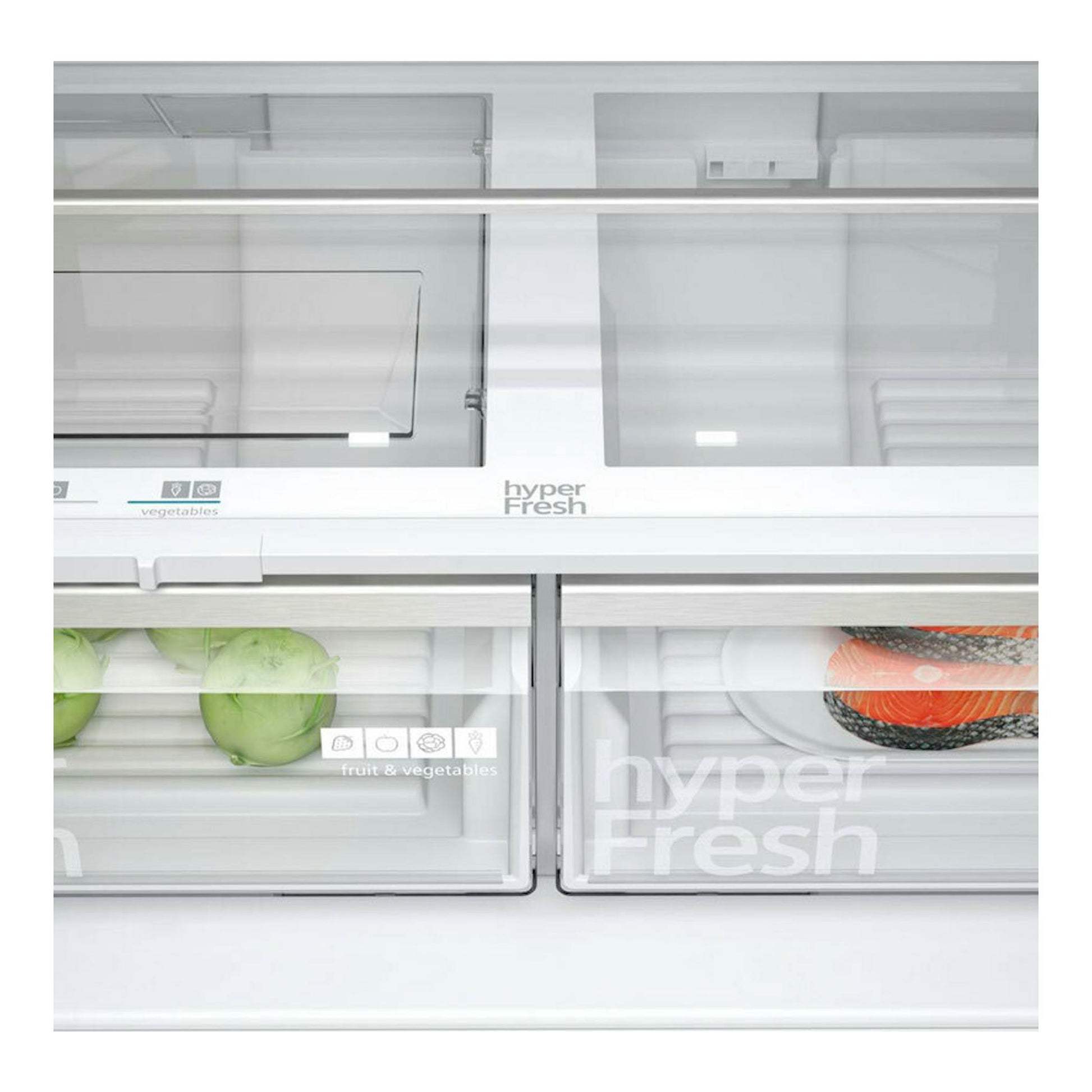 Frigorífico americano Siemens KF96NAXEA gris, vista frontal interior con cajones HyperFresh y verduras.